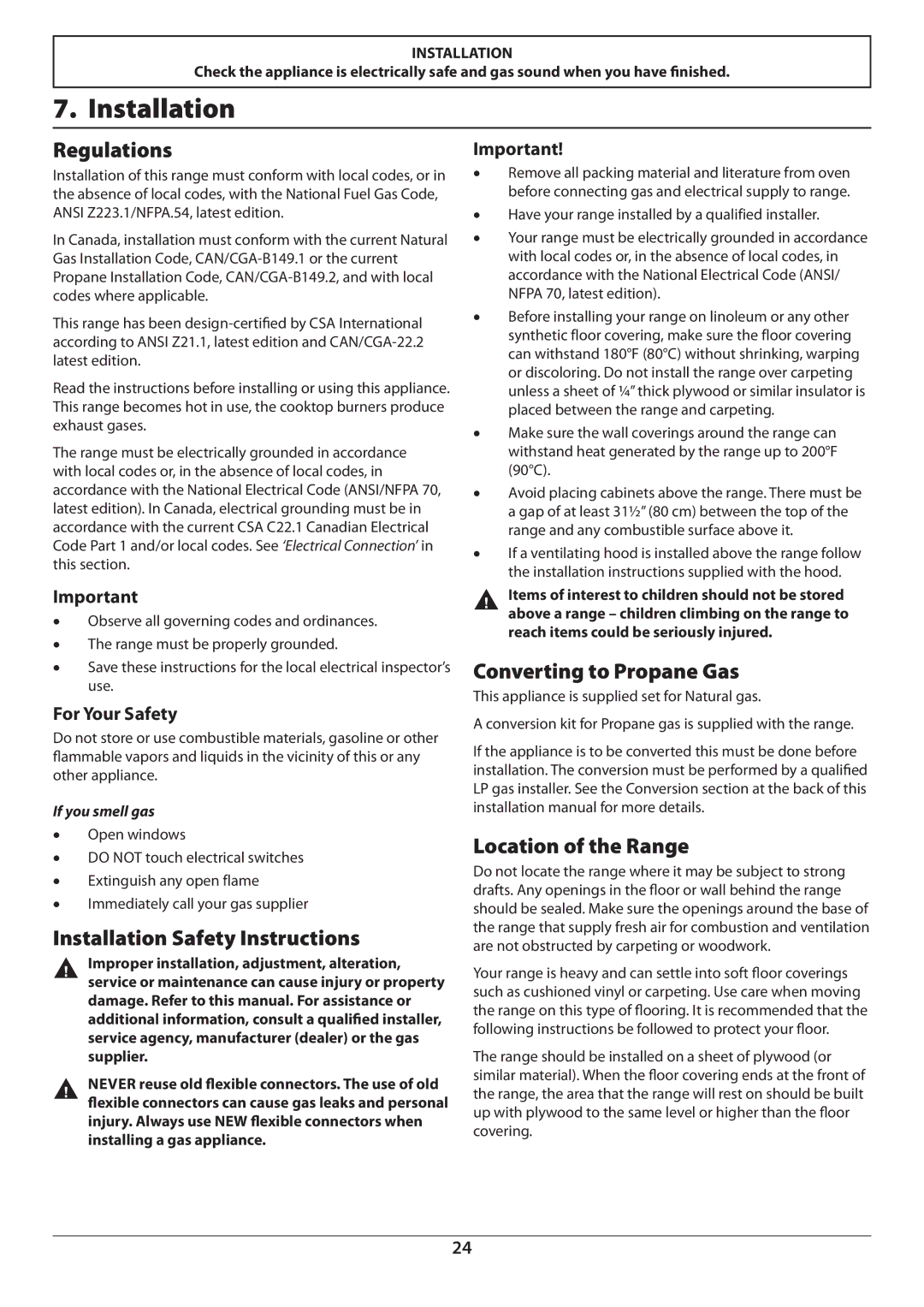 Aga Ranges U110054 Regulations, Installation Safety Instructions, Converting to Propane Gas, Location of the Range 