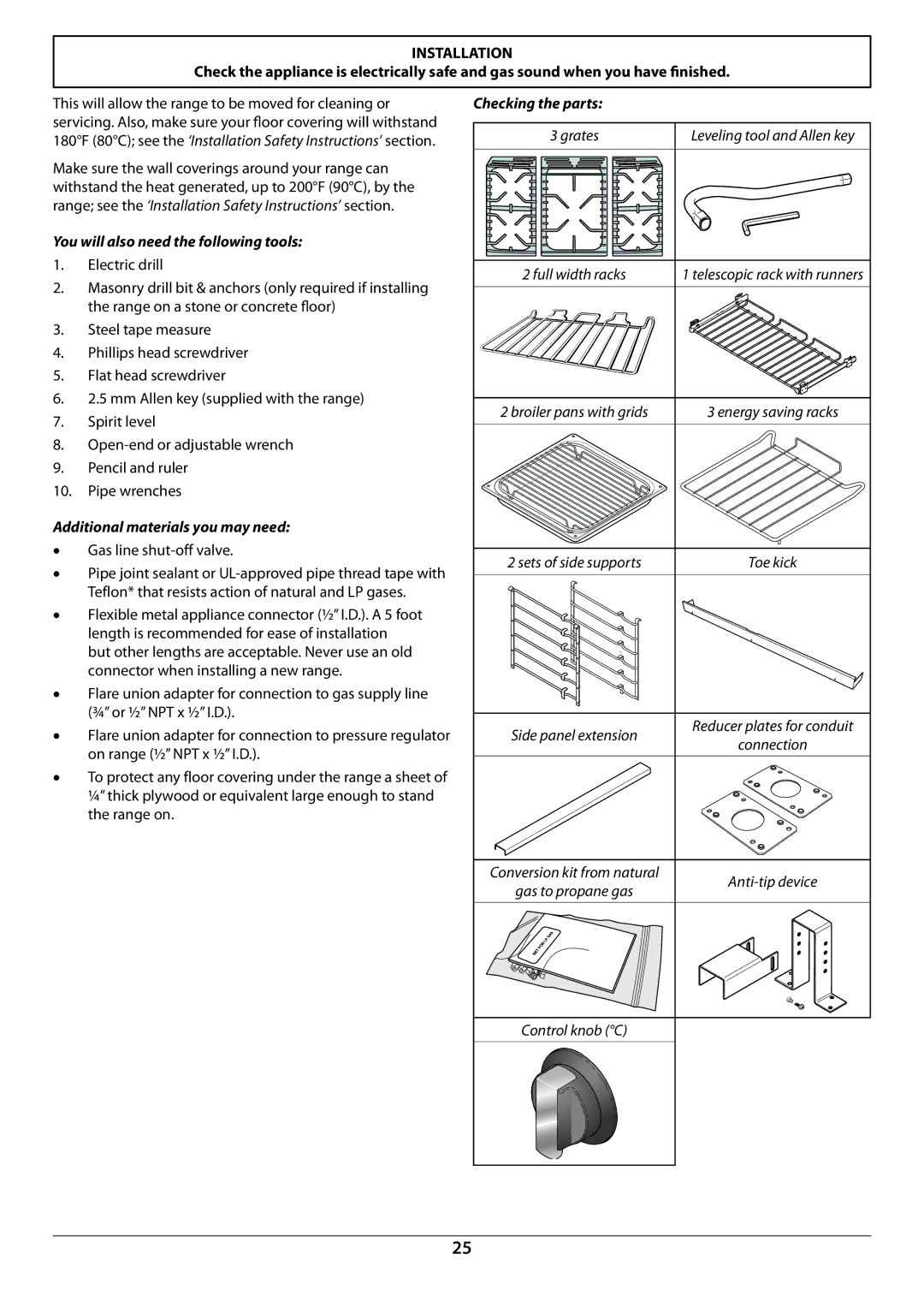 Aga Ranges U110054 You will also need the following tools, Additional materials you may need, Gas line shut-off valve 