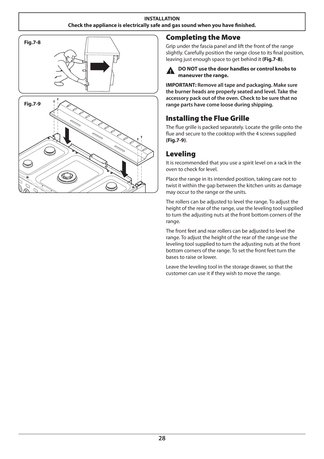 Aga Ranges U110054 manual Completing the Move, Installing the Flue Grille, Leveling 