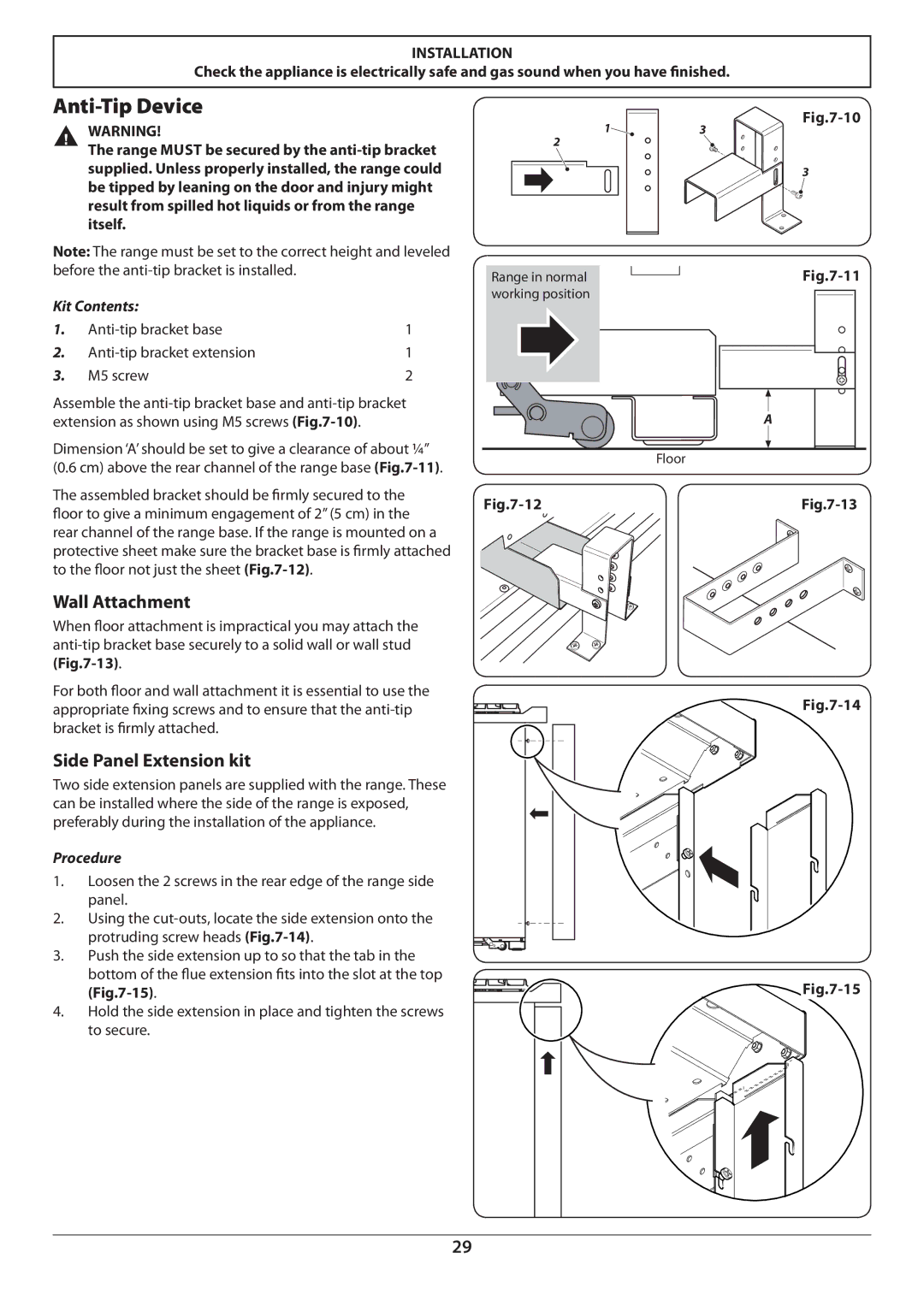 Aga Ranges U110054 manual Anti-Tip Device, Wall Attachment, Side Panel Extension kit, Kit Contents, Procedure 