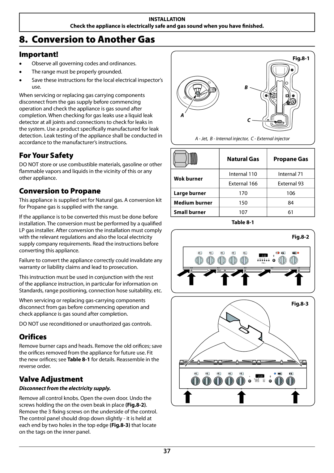 Aga Ranges U110054 manual Conversion to Another Gas, For Your Safety, Conversion to Propane, Orifices, Valve Adjustment 