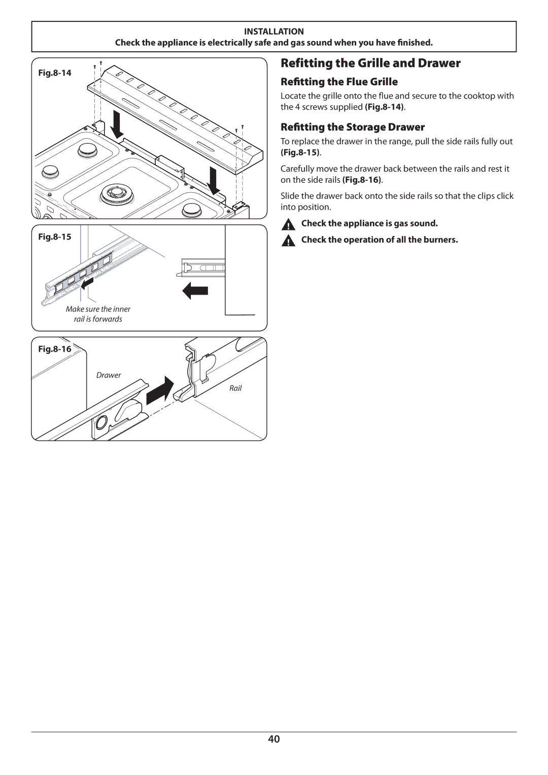 Aga Ranges U110054 manual Refitting the Grille and Drawer, Refitting the Flue Grille 