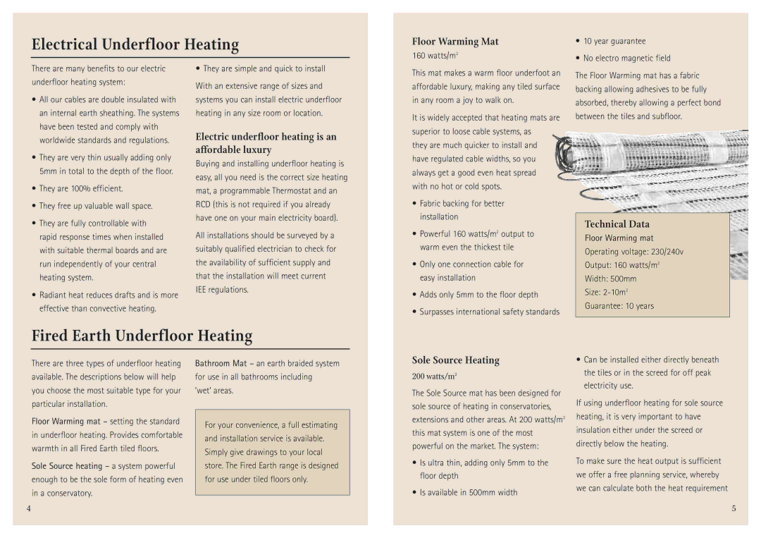 Aga Ranges manual Electrical Underfloor Heating, Fired Earth Underfloor Heating 