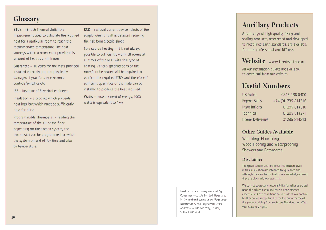 Aga Ranges Underfloor Heating manual Glossary Ancillary Products, Useful Numbers, Disclaimer, +44 01295, Home Deliveries 