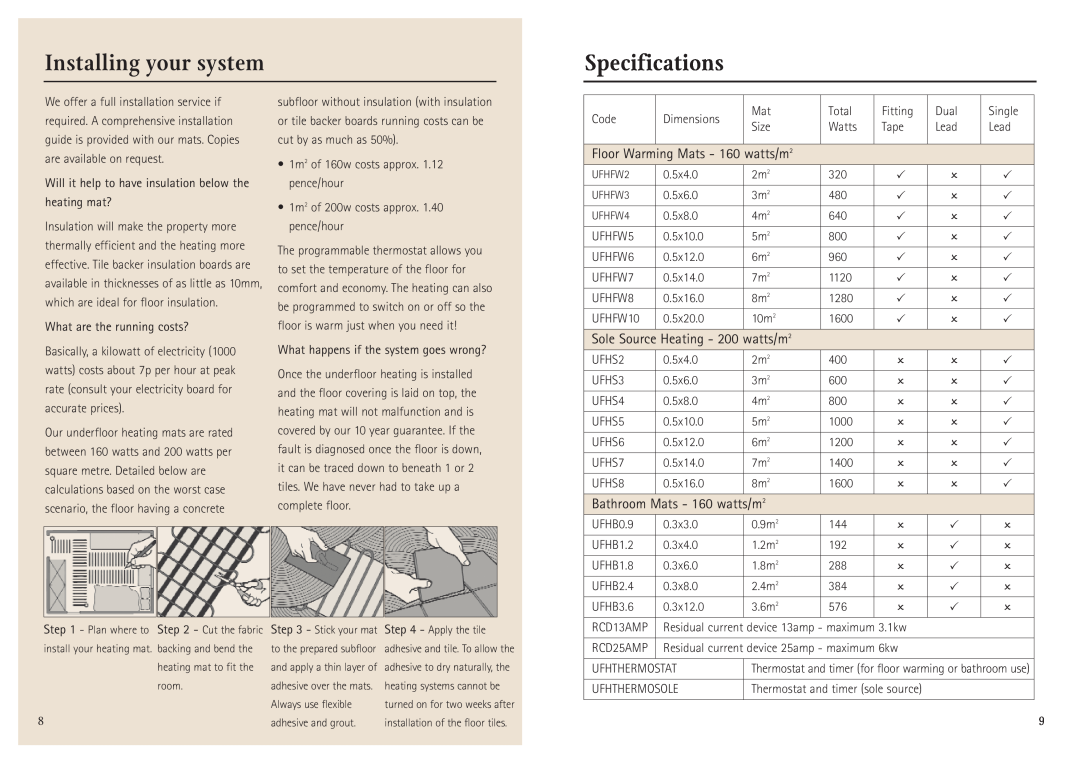 Aga Ranges Underfloor Heating manual Installing your system, Specifications, Floor Warming Mats - 160 watts/m2 
