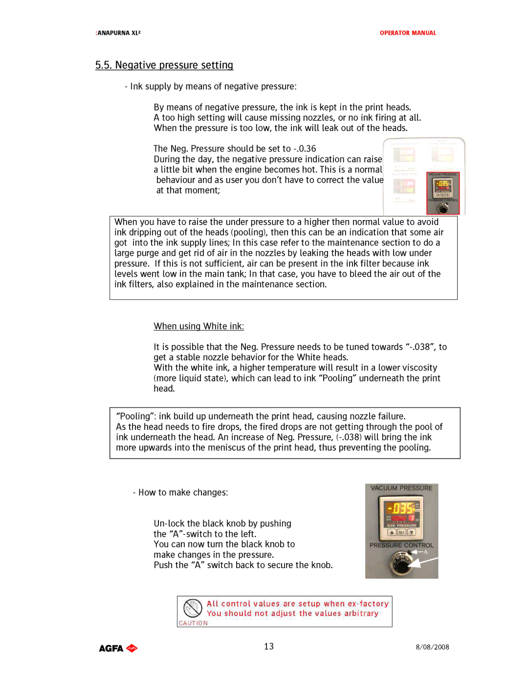 AGFA 1 manual Negativepressuresetting 