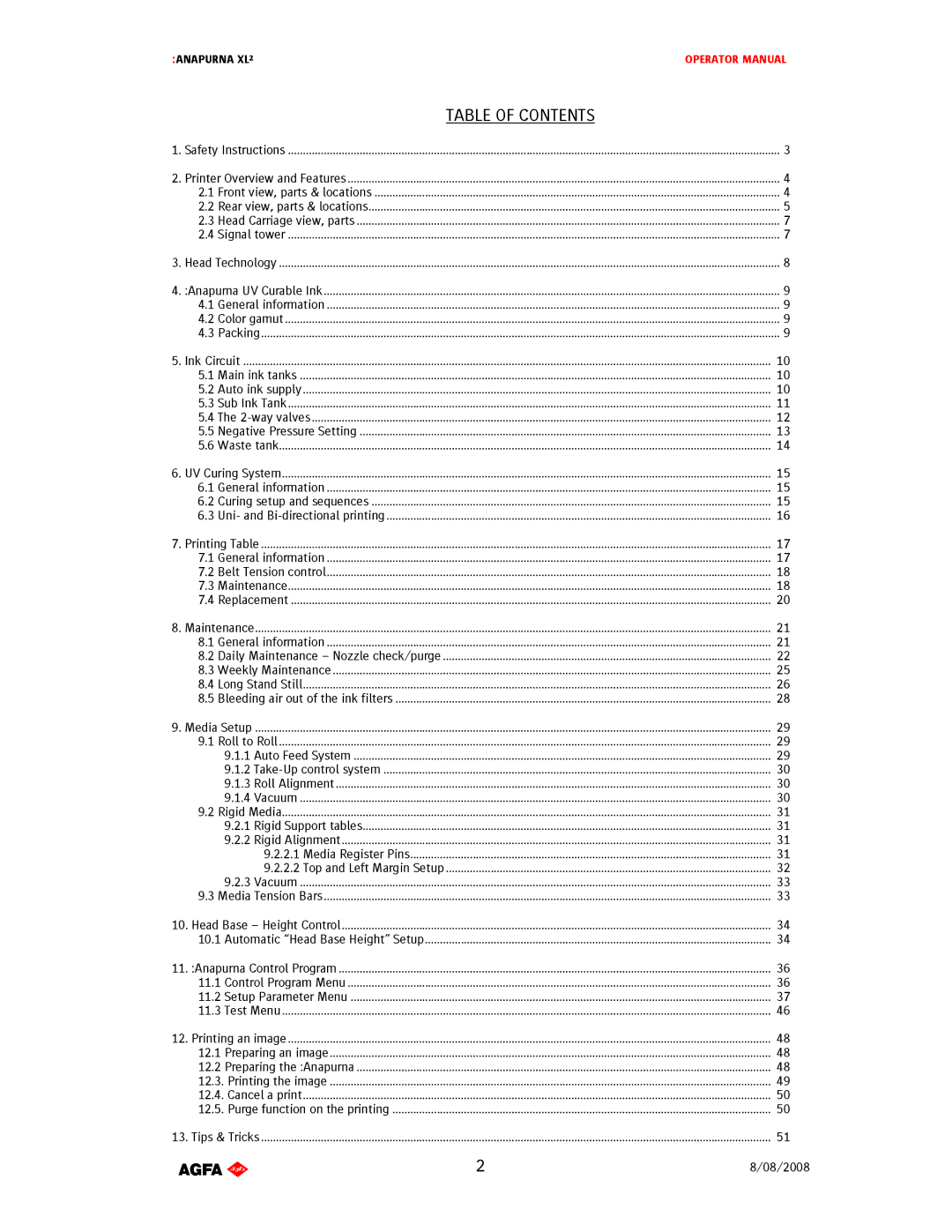 AGFA 1 manual Tableofcontents 