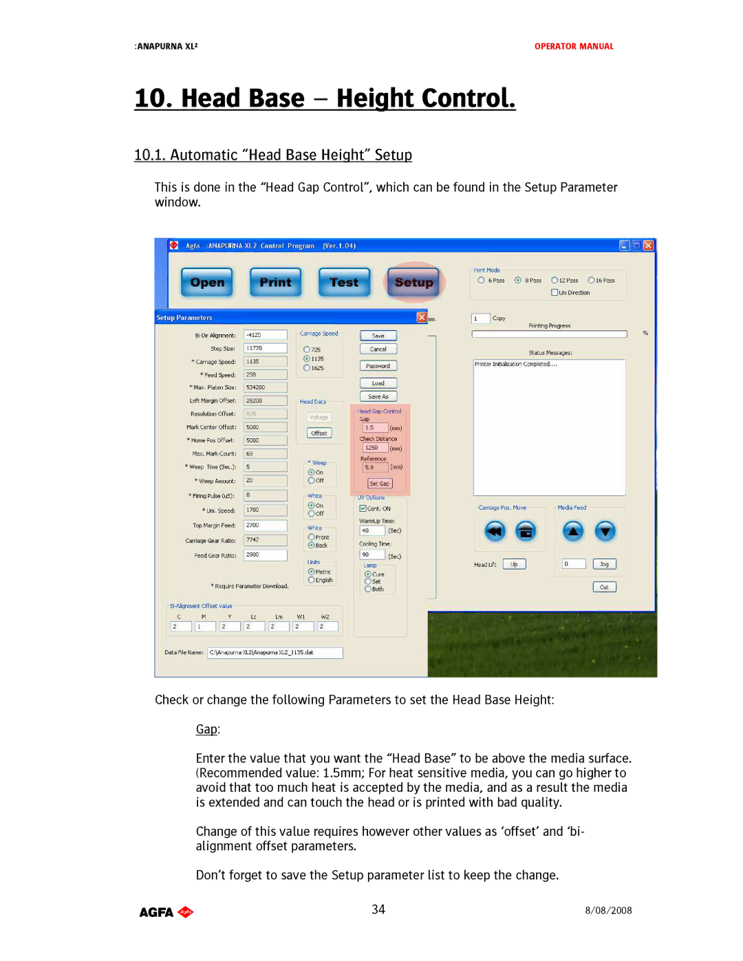 AGFA 1 manual Head Base Height Control, AutomaticHeadBaseHeightSetup 