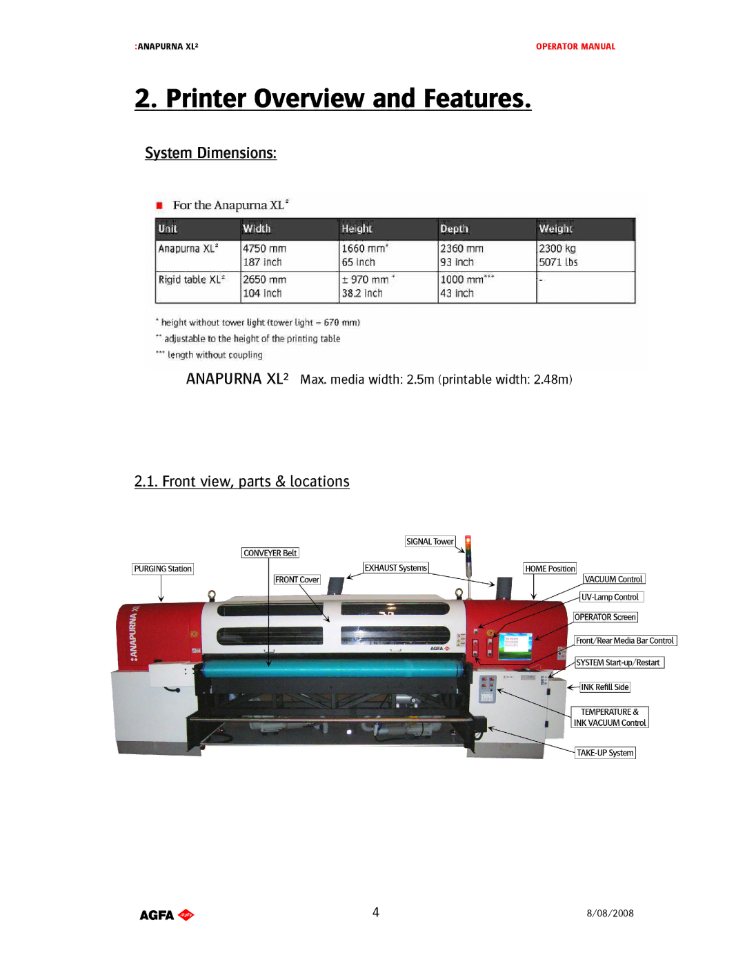 AGFA 1 manual Printer Overview and Features, Frontview,parts&locations 