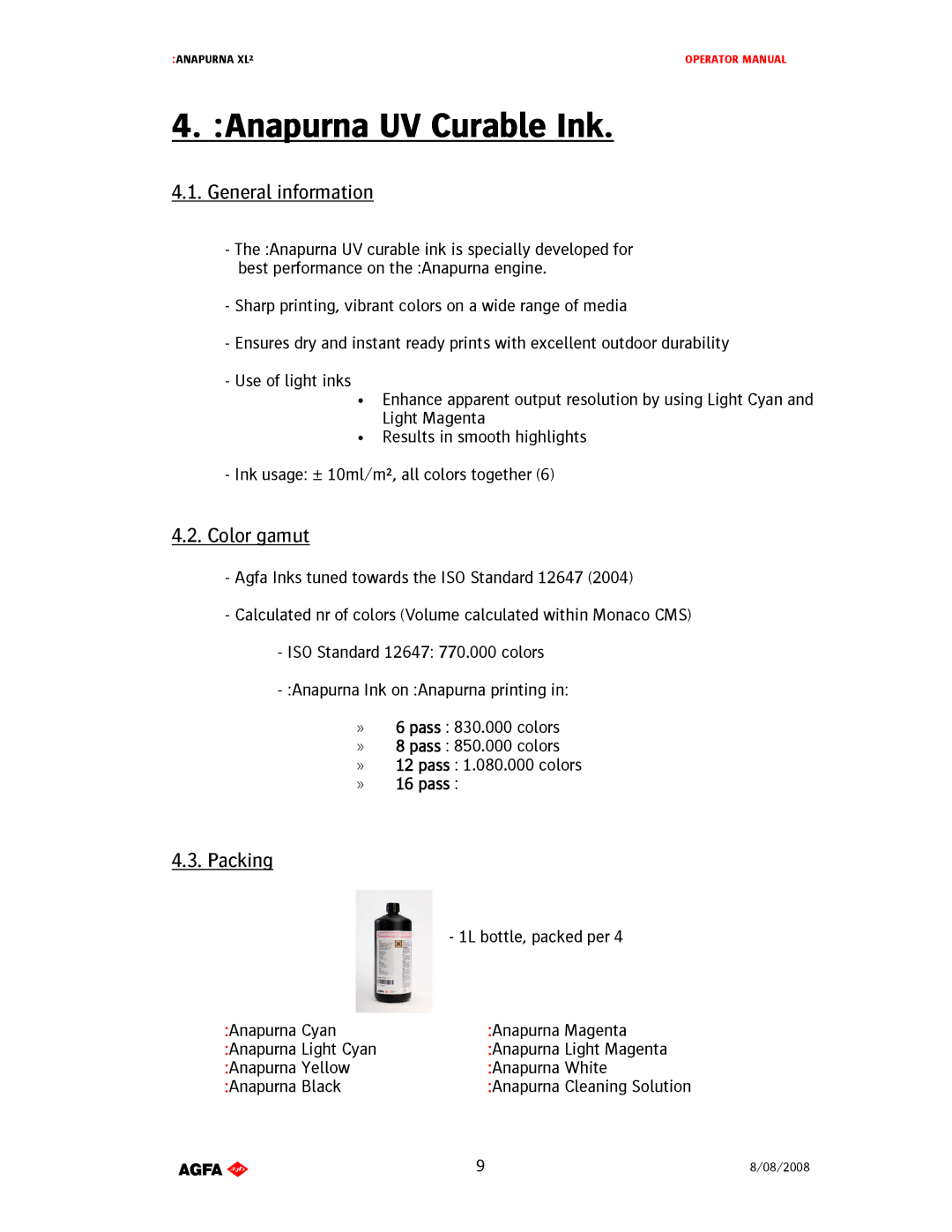 AGFA 1 manual Anapurna UV Curable Ink, Generalinformation, Colorgamut, Packing 