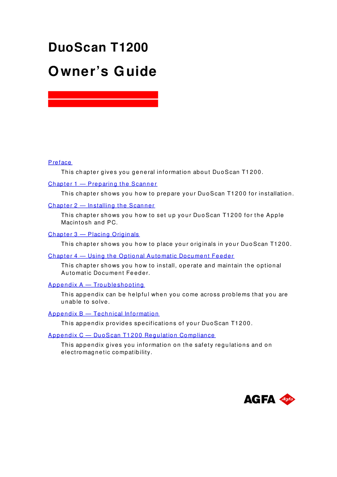 AGFA 1200 appendix Owner’s Guide, Re f ac e 