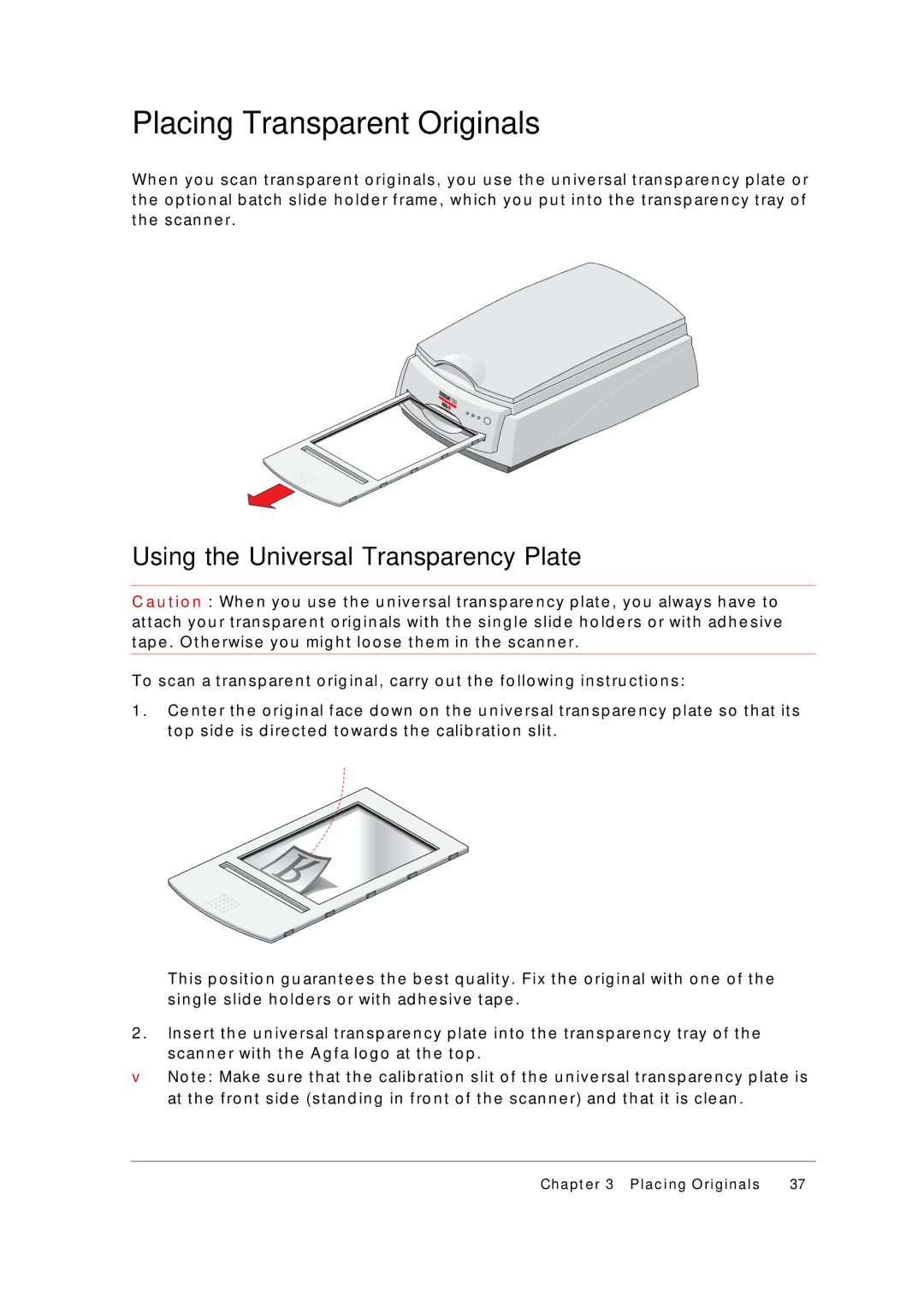 AGFA 1200 appendix Placing Transparent Originals, Using the Universal Transparency Plate 