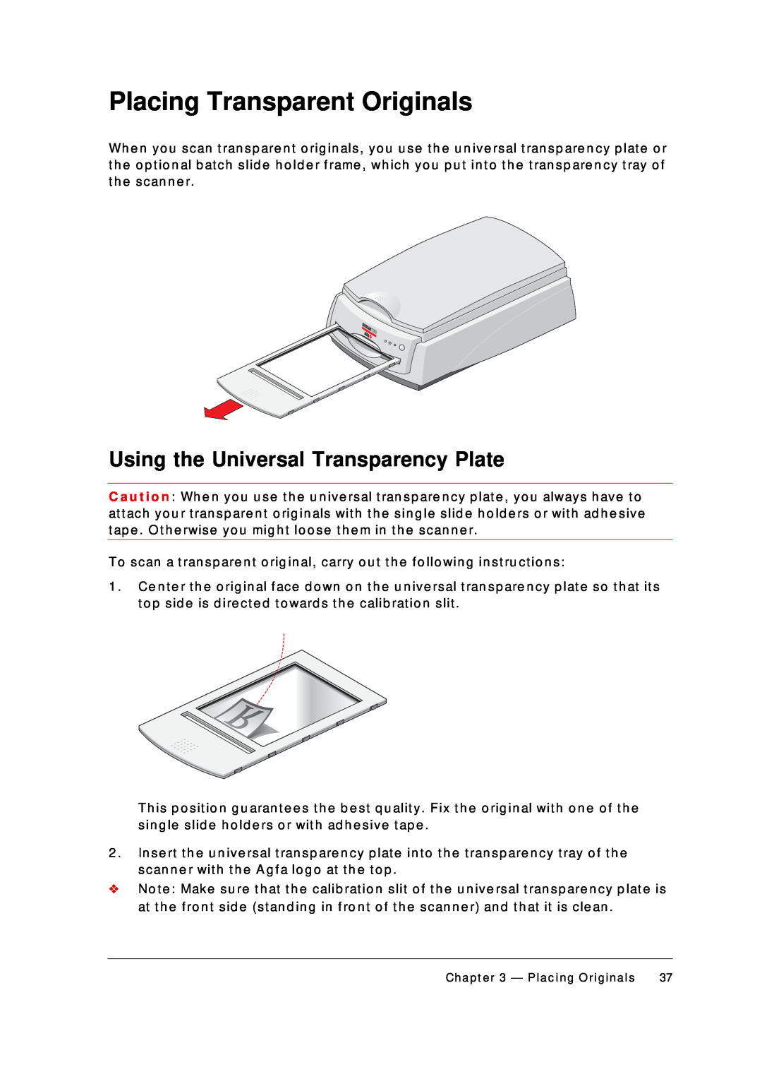AGFA 1200 appendix Placing Transparent Originals, Using the Universal Transparency Plate 
