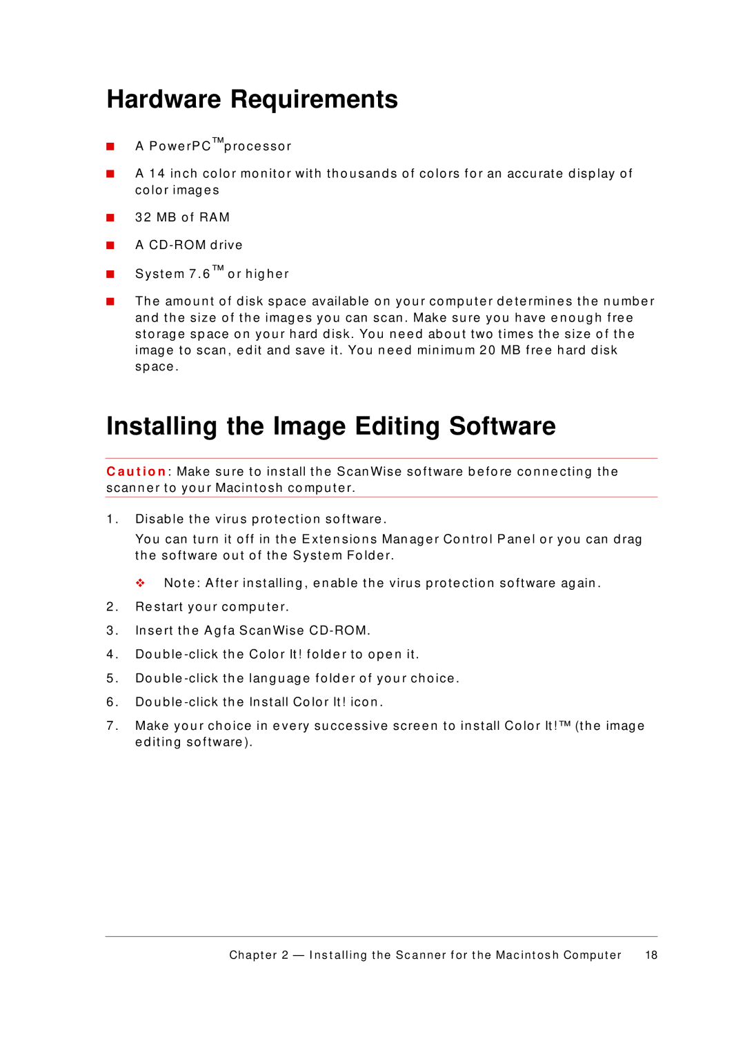 AGFA 1236S appendix Hardware Requirements, Installing the Image Editing Software 