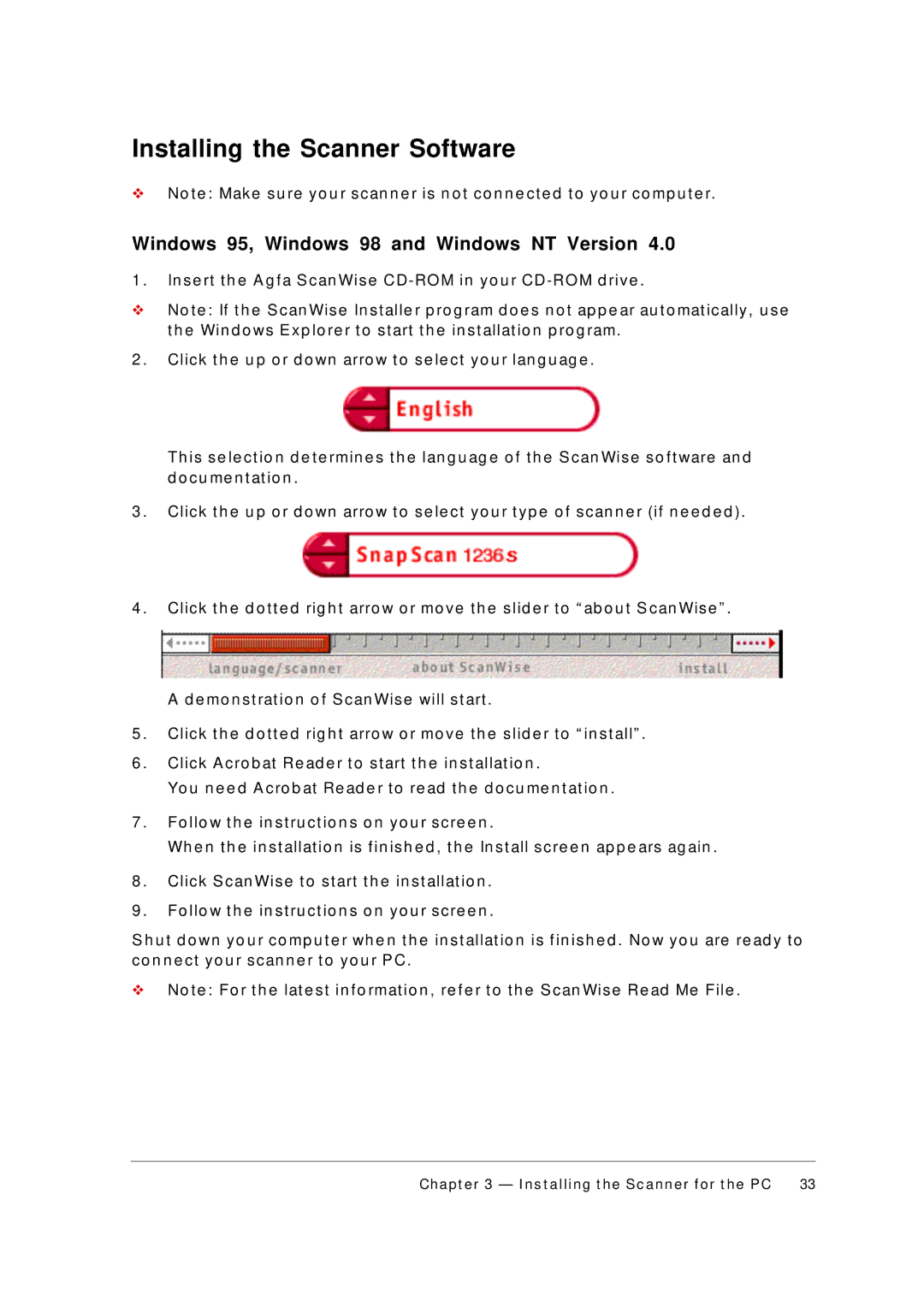 AGFA 1236S appendix Installing the Scanner Software, Windows 95, Windows 98 and Windows NT Version 