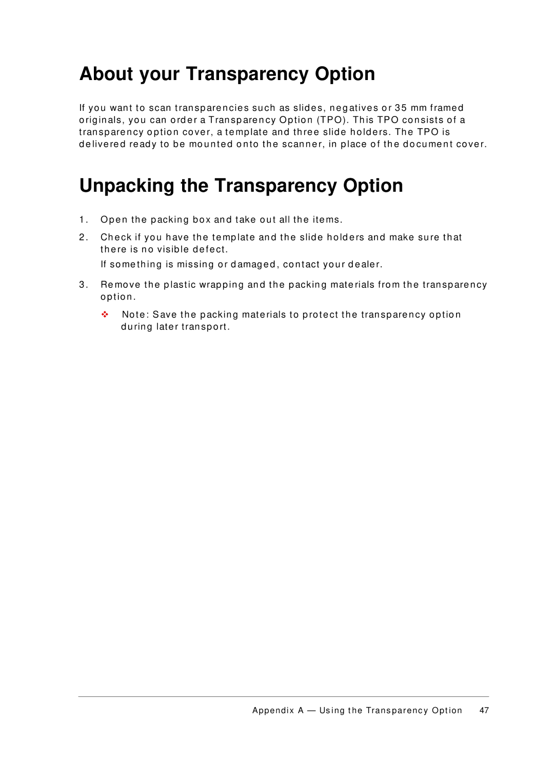 AGFA 1236S appendix About your Transparency Option, Unpacking the Transparency Option 