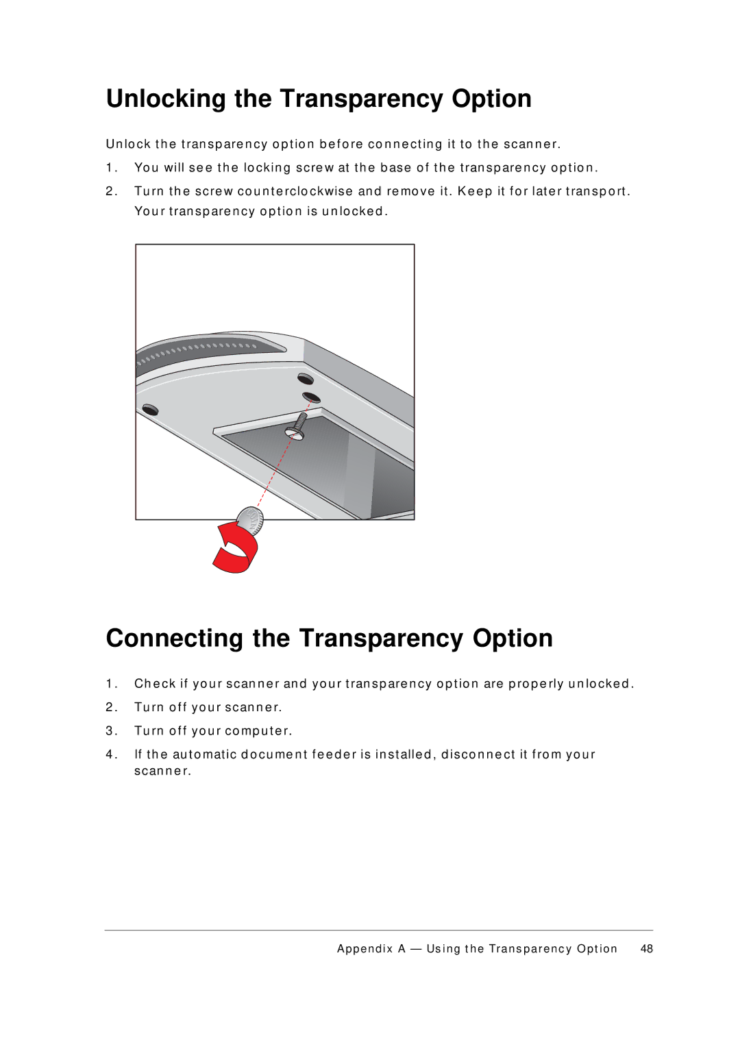 AGFA 1236S appendix Unlocking the Transparency Option, Connecting the Transparency Option, Tu rn o f f y o u r s c an n e r 