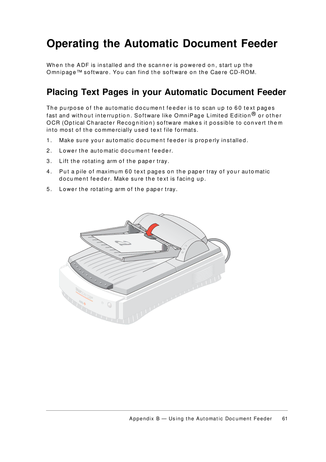 AGFA 1236S appendix Operating the Automatic Document Feeder, Placing Text Pages in your Automatic Document Feeder 