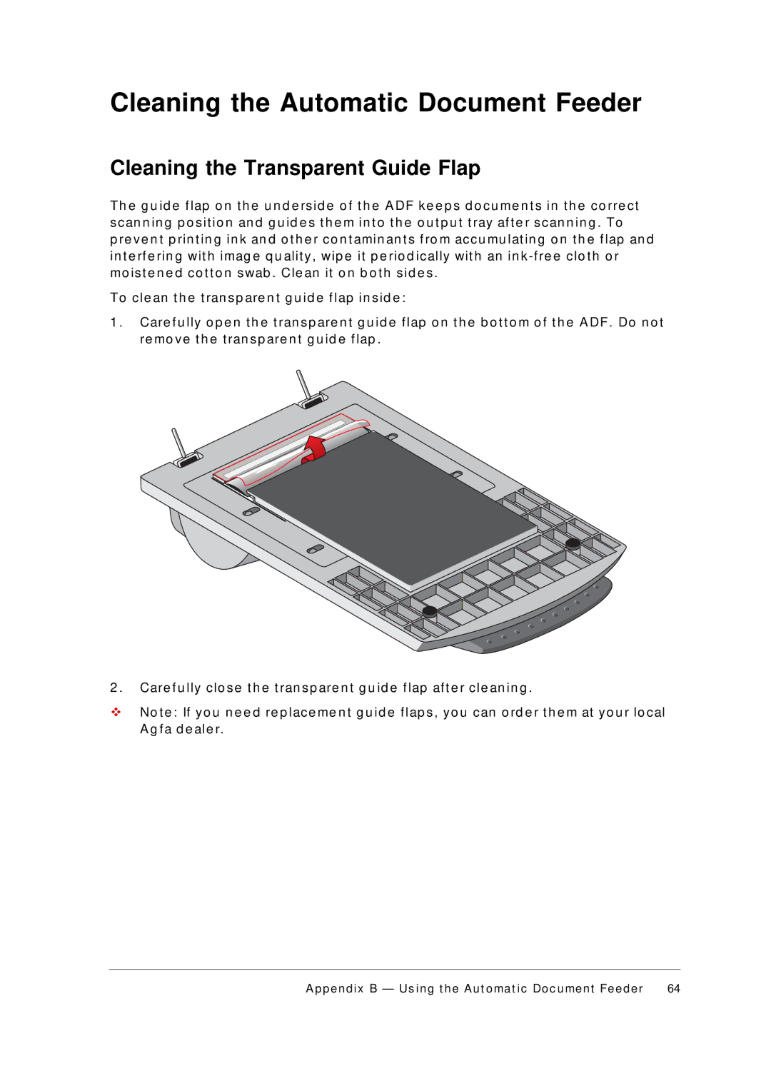 AGFA 1236S appendix Cleaning the Automatic Document Feeder, Cleaning the Transparent Guide Flap, F a d e ale r 