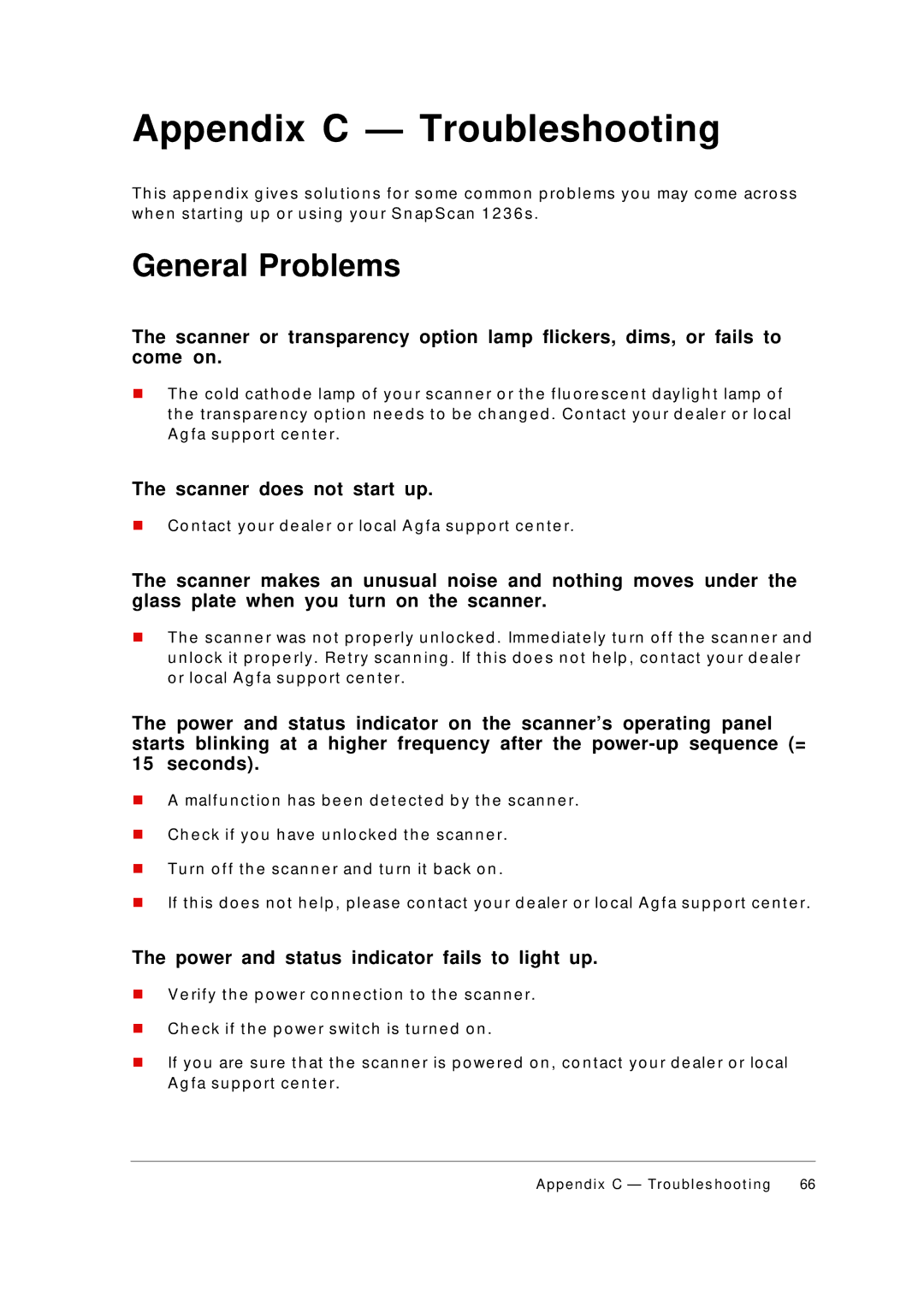 AGFA 1236S appendix Appendix C Troubleshooting, General Problems, Scanner does not start up 