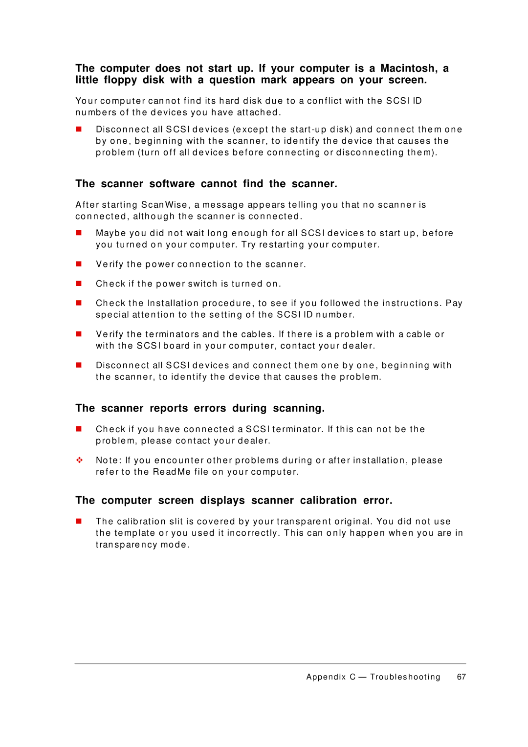 AGFA 1236S appendix Scanner software cannot find the scanner, Scanner reports errors during scanning 