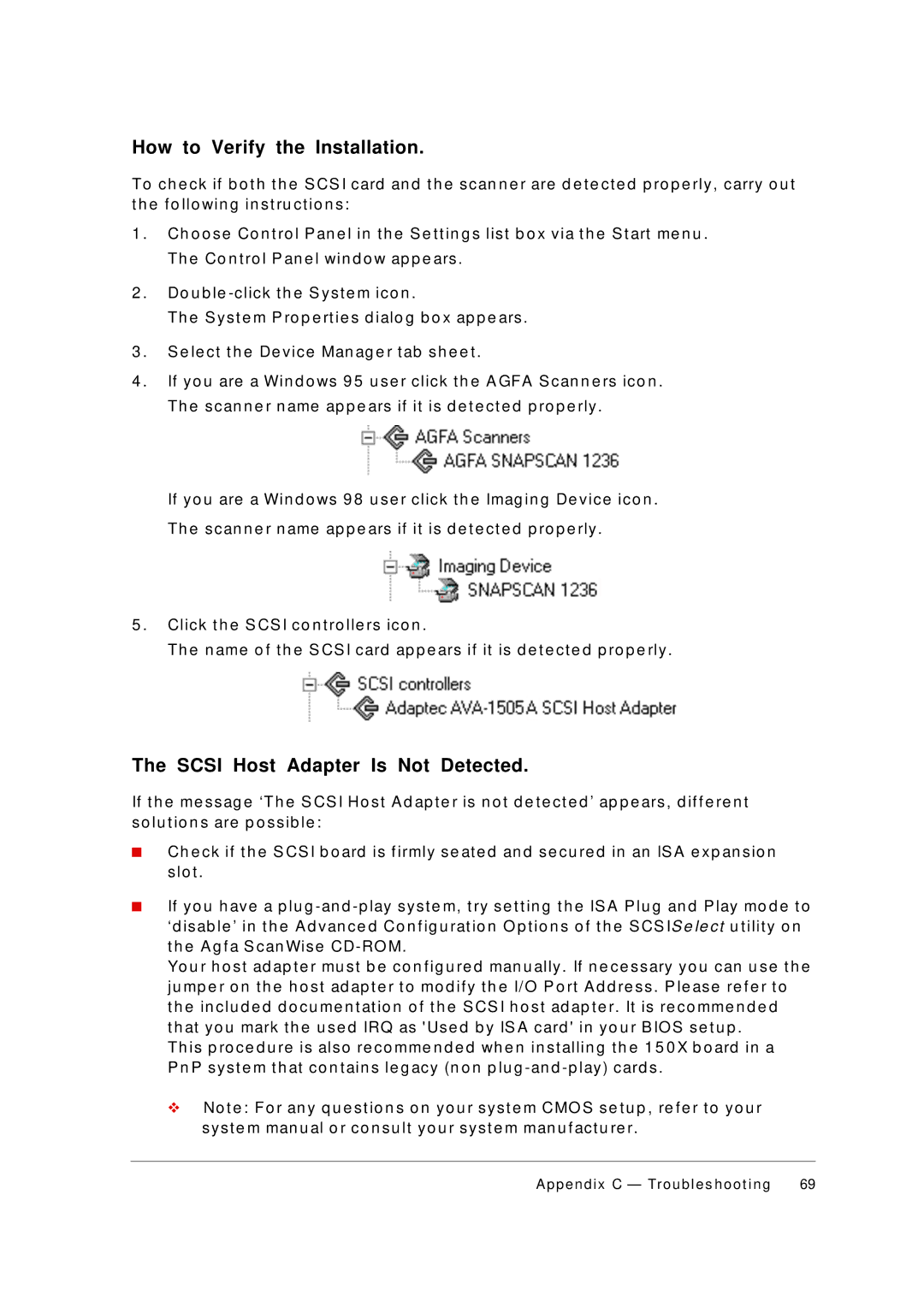 AGFA 1236S appendix How to Verify the Installation, Scsi Host Adapter Is Not Detected 