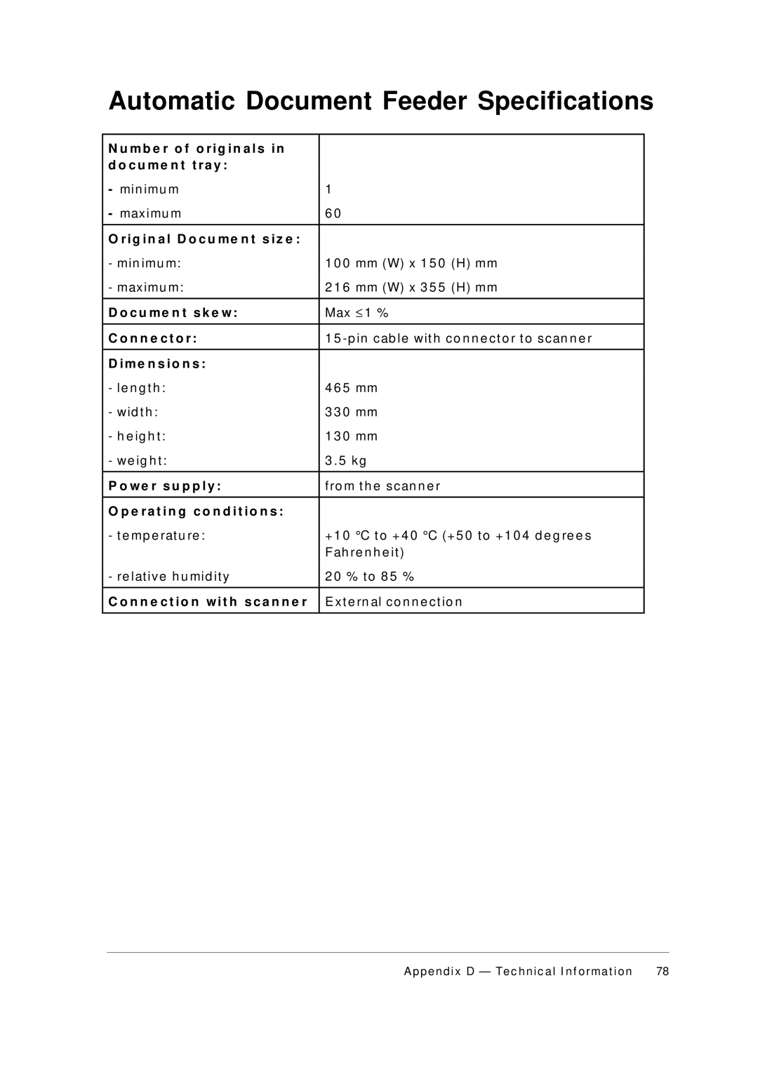 AGFA 1236S appendix Automatic Document Feeder Specifications 