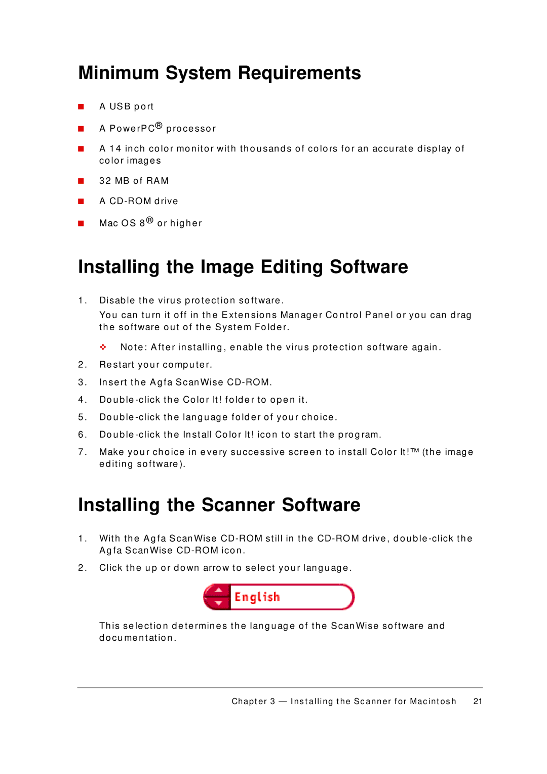 AGFA 1236U appendix Minimum System Requirements, Installing the Image Editing Software 