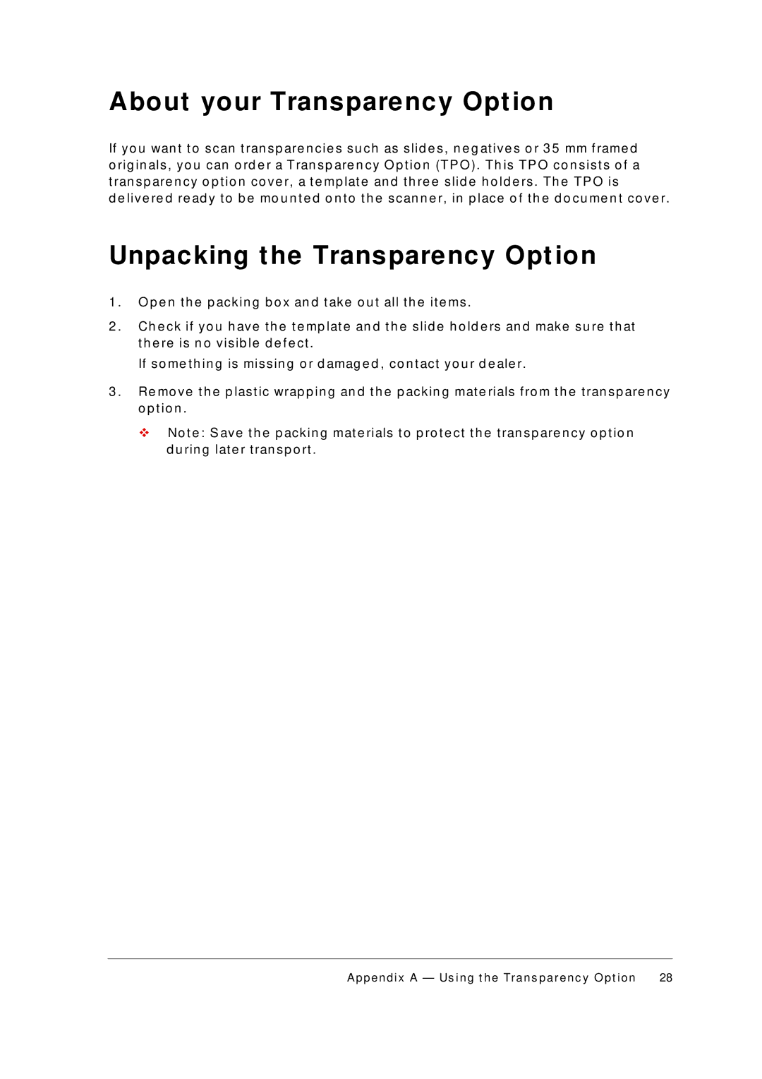 AGFA 1236U appendix About your Transparency Opt ion, Unpacking t he Transparency Opt ion 