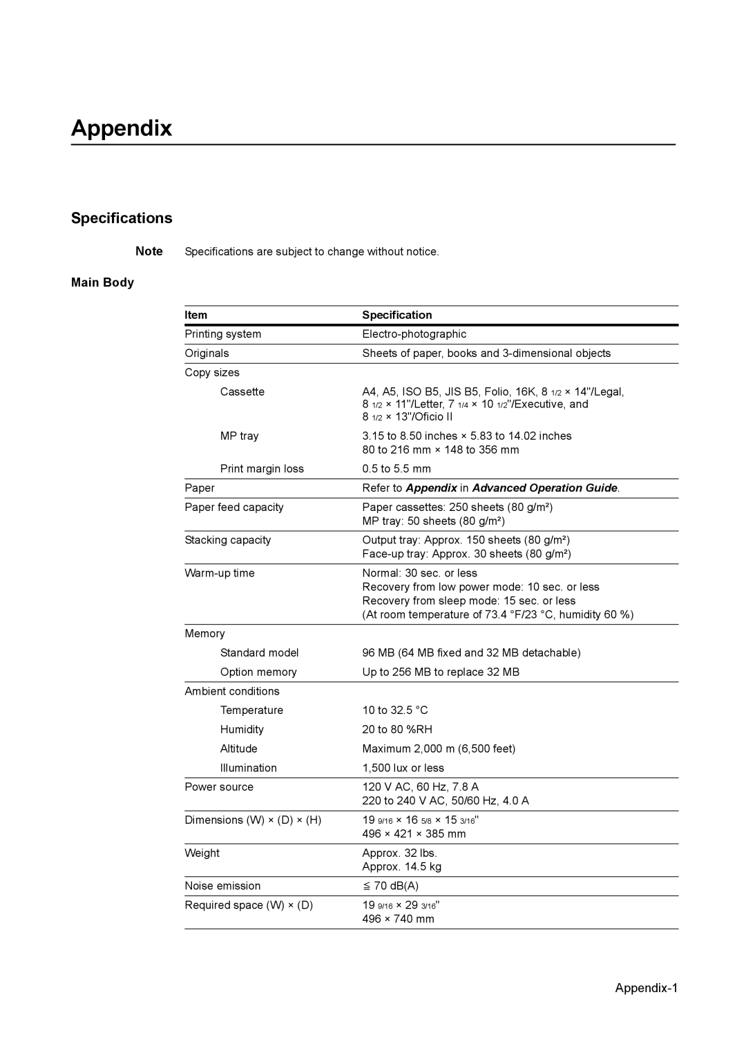 AGFA 1815 Copier manual Specifications, Main Body 