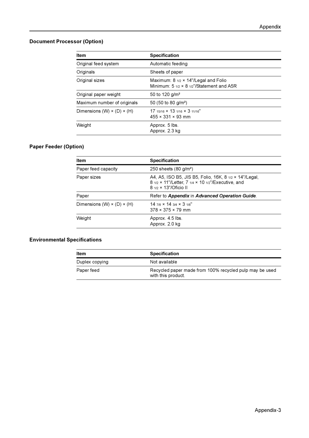 AGFA 1815 Copier manual Document Processor Option, Paper Feeder Option, Environmental Specifications 