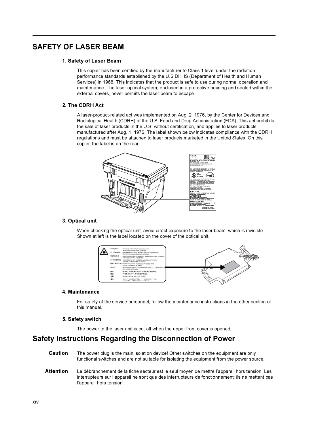 AGFA 1815 Copier manual Safety of Laser Beam, Cdrh Act, Optical unit, Maintenance, Safety switch 