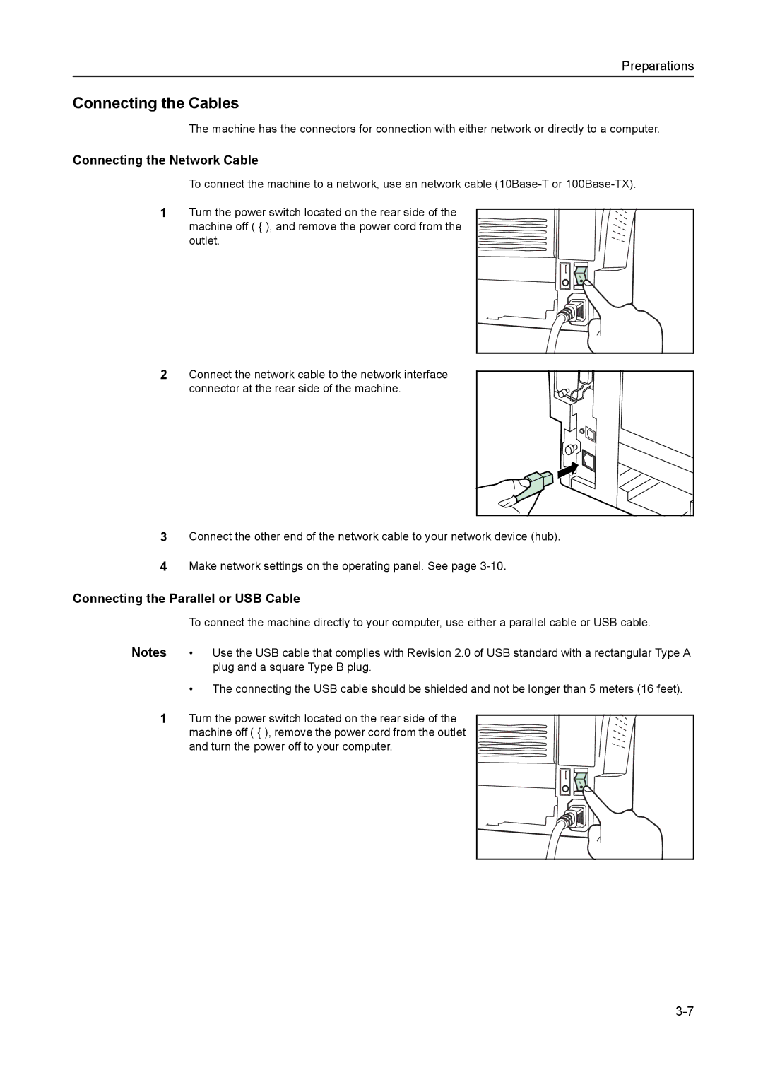 AGFA 1815 Copier manual Connecting the Cables, Connecting the Network Cable, Connecting the Parallel or USB Cable 