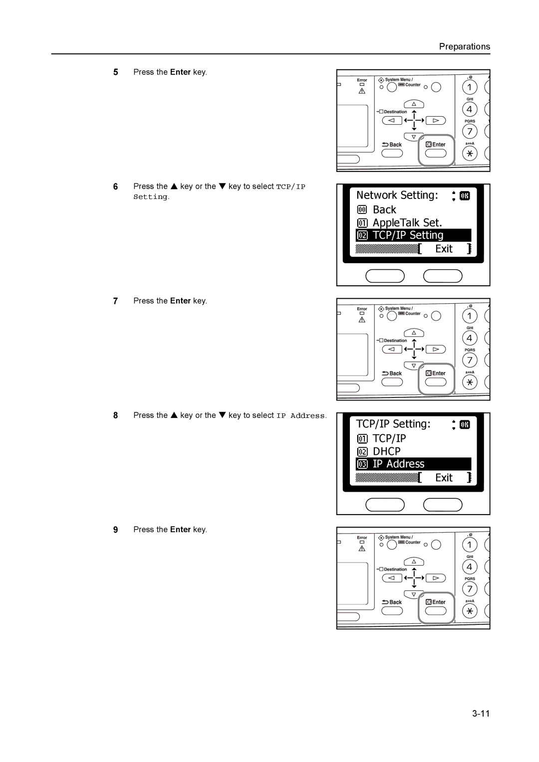 AGFA 1815 Copier manual Network Setting Back AppleTalk Set, Exit TCP/IP Setting, IP Address 