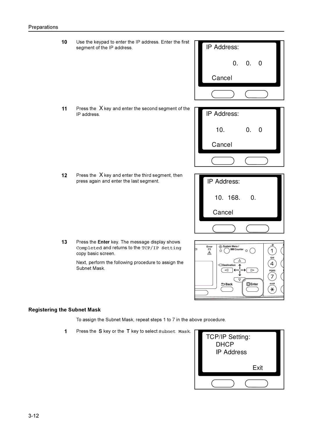 AGFA 1815 Copier manual IP Address Cancel, Registering the Subnet Mask 