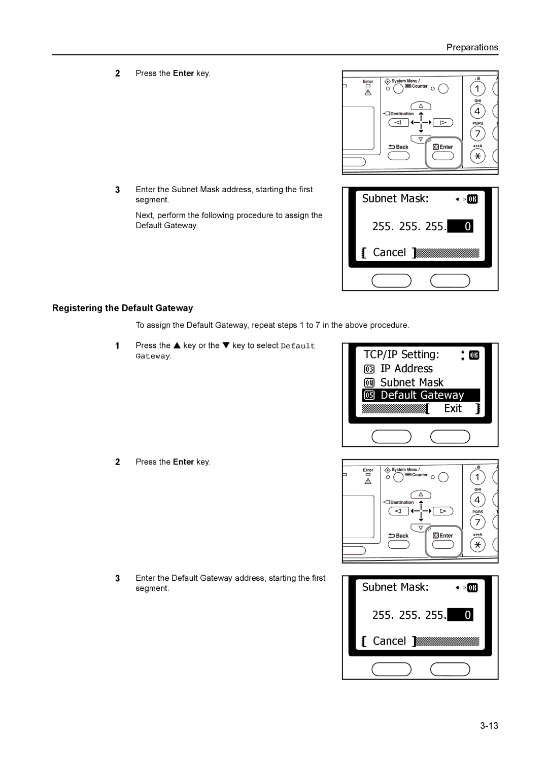 AGFA 1815 Copier manual Subnet Mask Cancel, TCP/IP Setting IP Address Subnet Mask, Default Gateway 