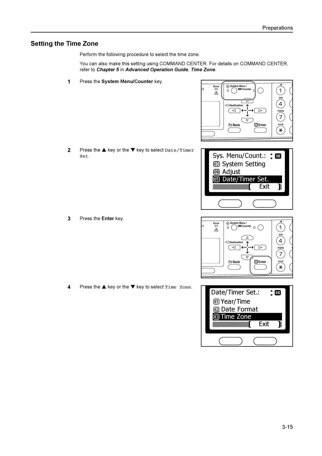 AGFA 1815 Copier manual Setting the Time Zone, Sys. Menu/Count System Setting Adjust, Date/Timer Set 