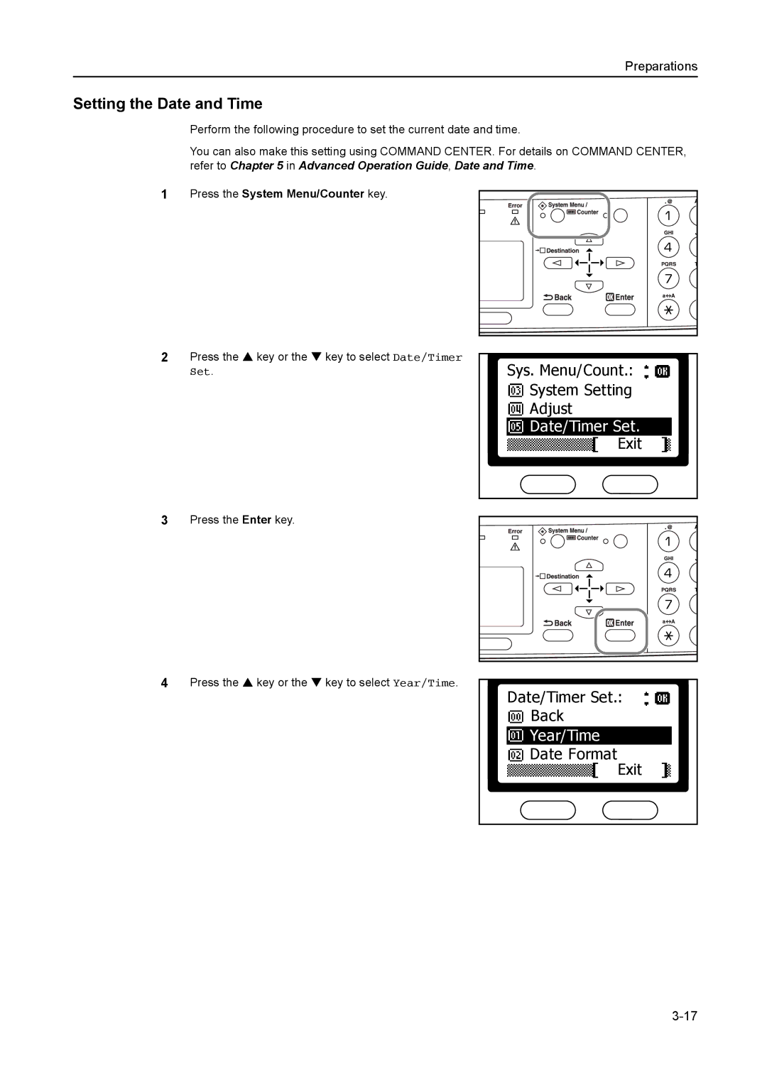 AGFA 1815 Copier manual Setting the Date and Time, Exit Date/Timer Set. *Back, Year/Time, Date Format Exit 