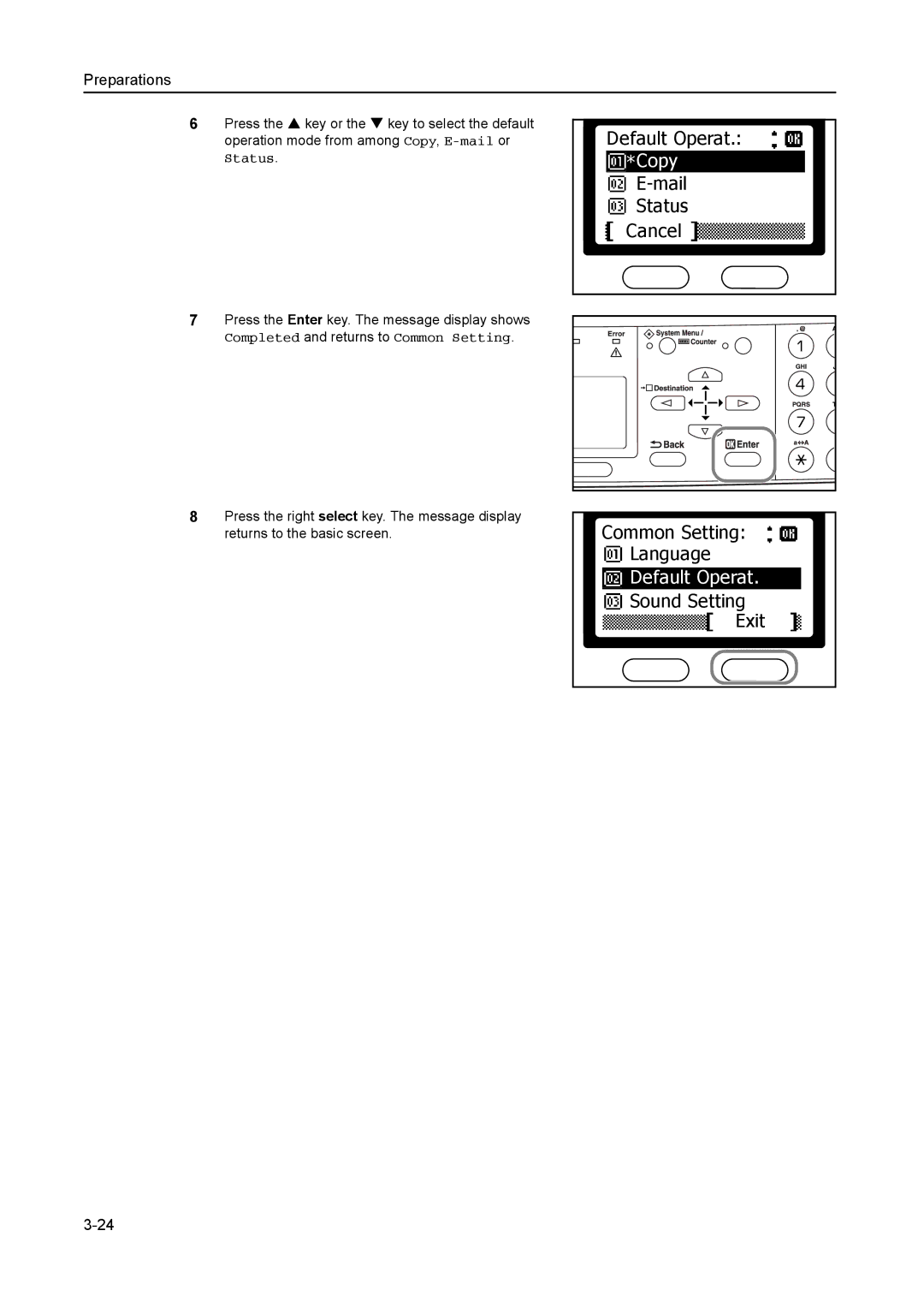 AGFA 1815 Copier manual Default Operat. *Copy Mail Status Cancel, Common Setting Language, Sound Setting Exit 