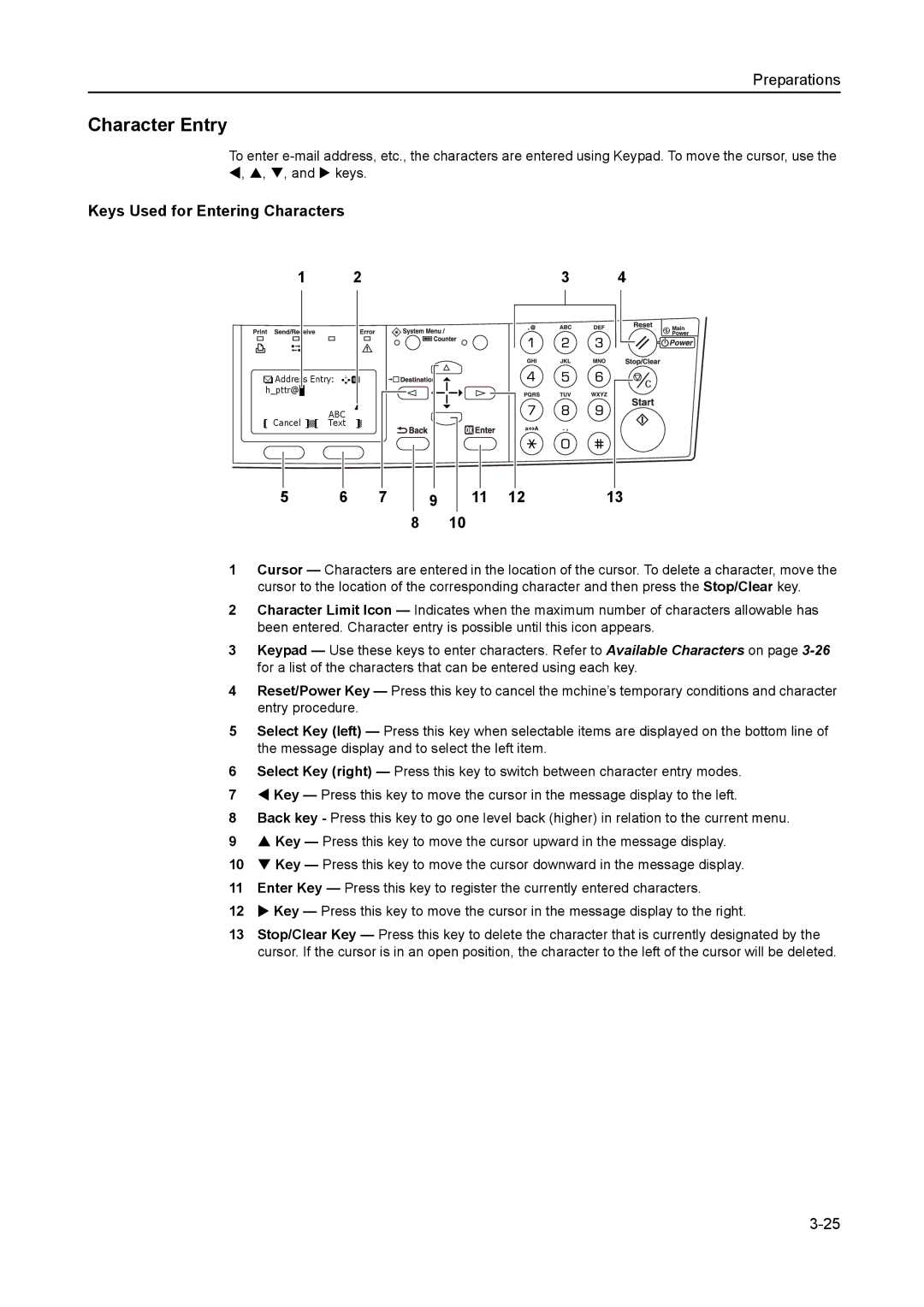 AGFA 1815 Copier manual Character Entry, Keys Used for Entering Characters 