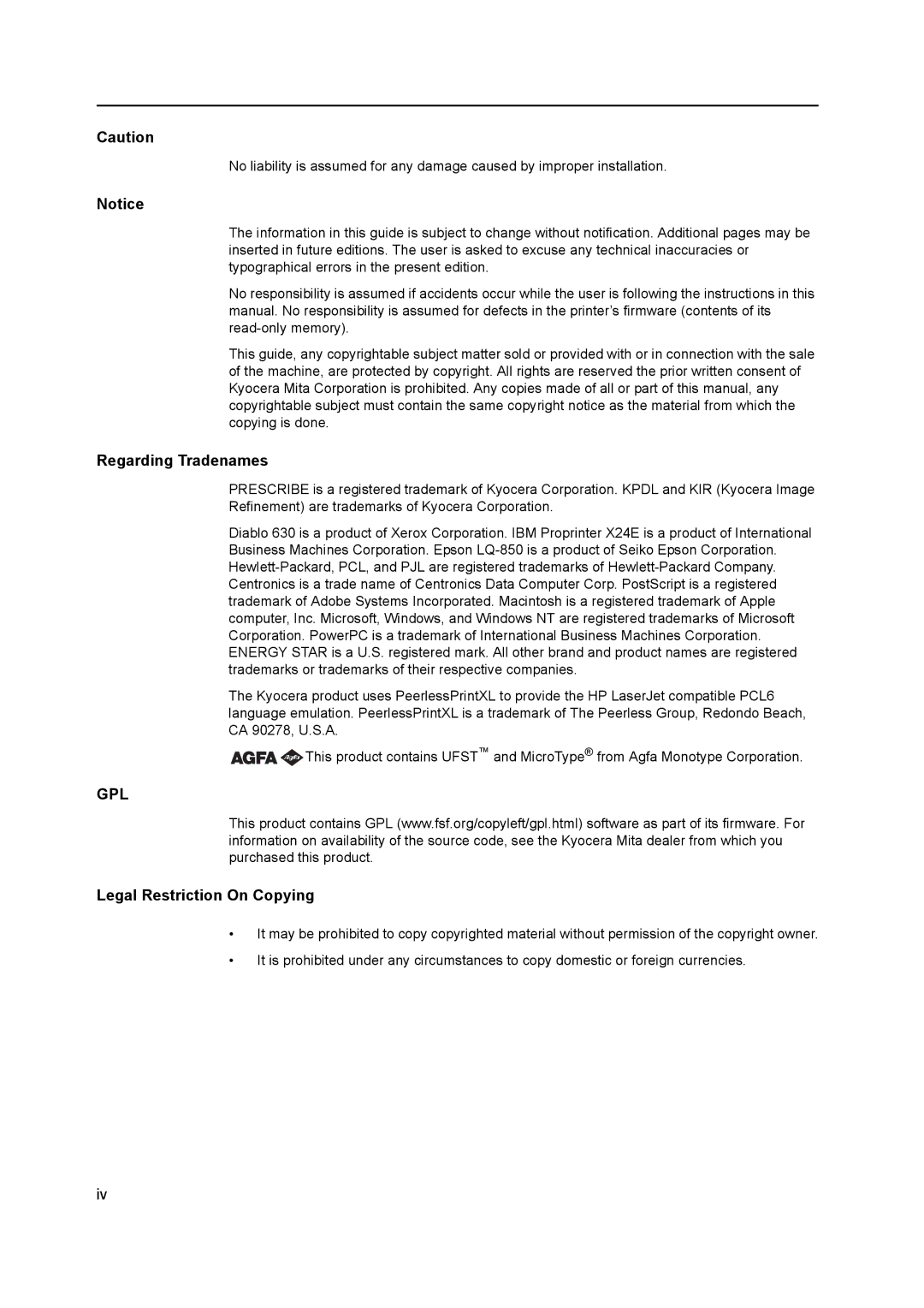 AGFA 1815 Copier manual Regarding Tradenames, Legal Restriction On Copying 