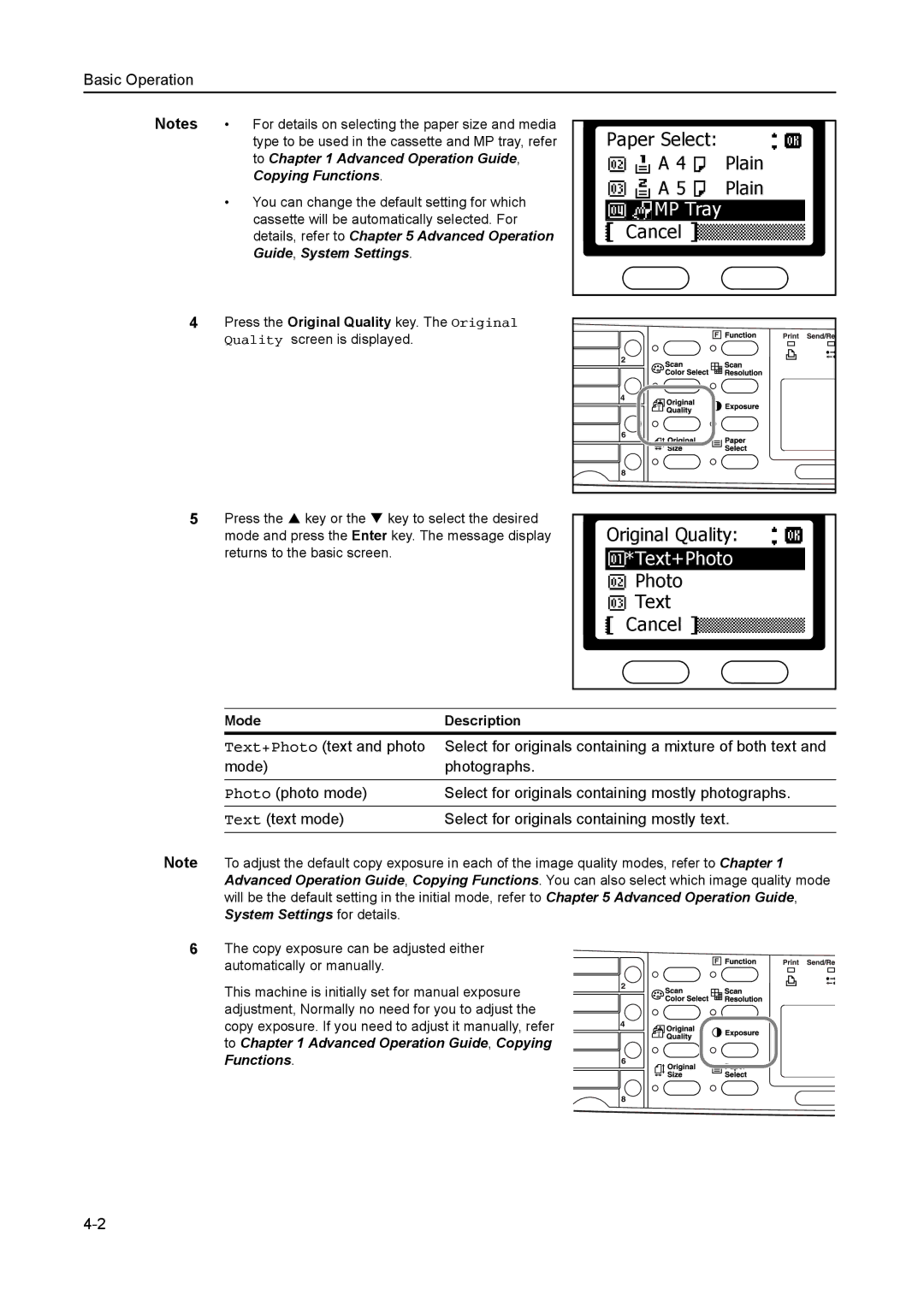 AGFA 1815 Copier manual Paper Select Plain, MP Tray, Original Quality, Text+Photo, Photo Text Cancel 