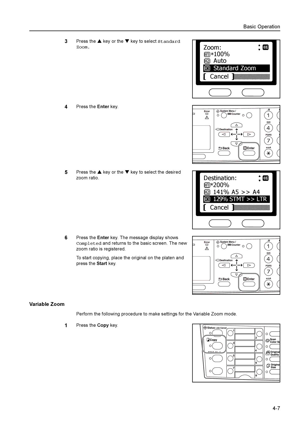 AGFA 1815 Copier manual Standard Zoom, Cancel Destination *200% 141% A5 A4 129% Stmt LTR, Variable Zoom 