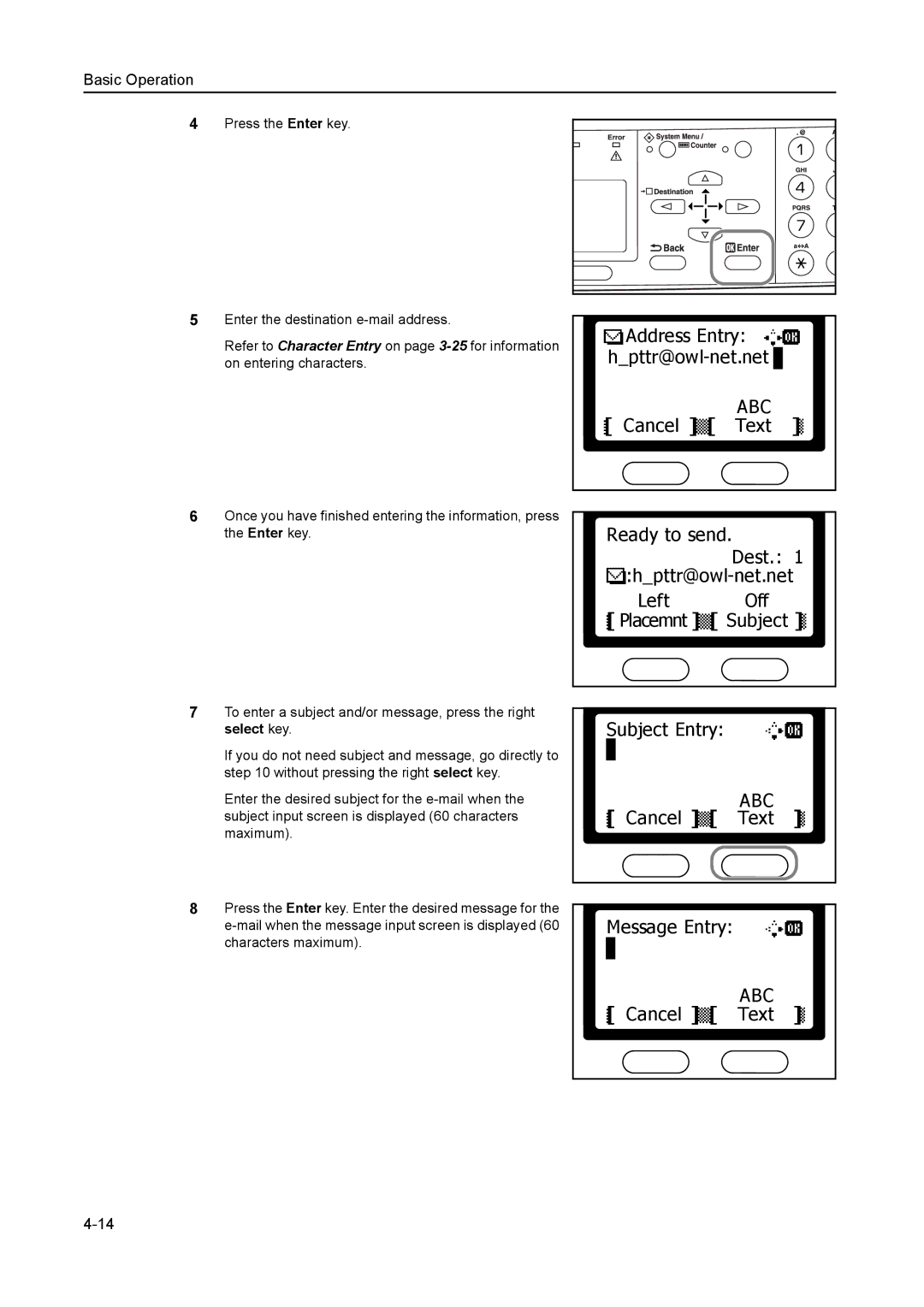 AGFA 1815 Copier manual Address Entry h*pttr@owl-net.net, Cancel Text Message Entry 