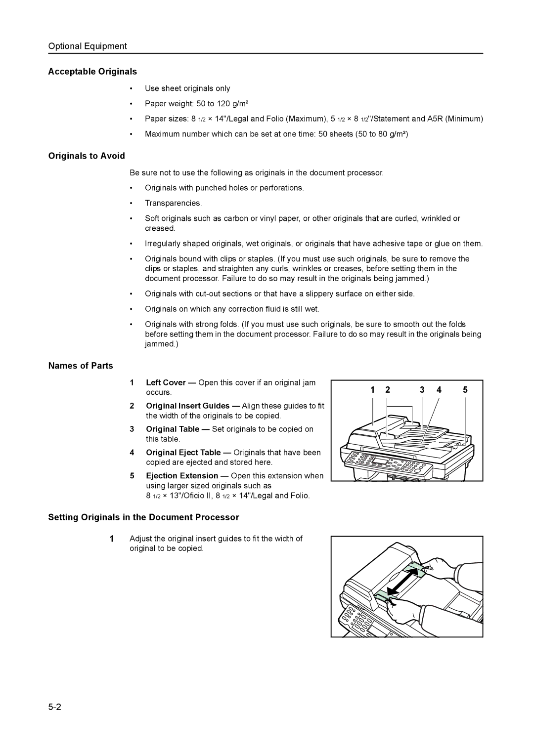 AGFA 1815 Copier Acceptable Originals, Originals to Avoid, Names of Parts, Setting Originals in the Document Processor 