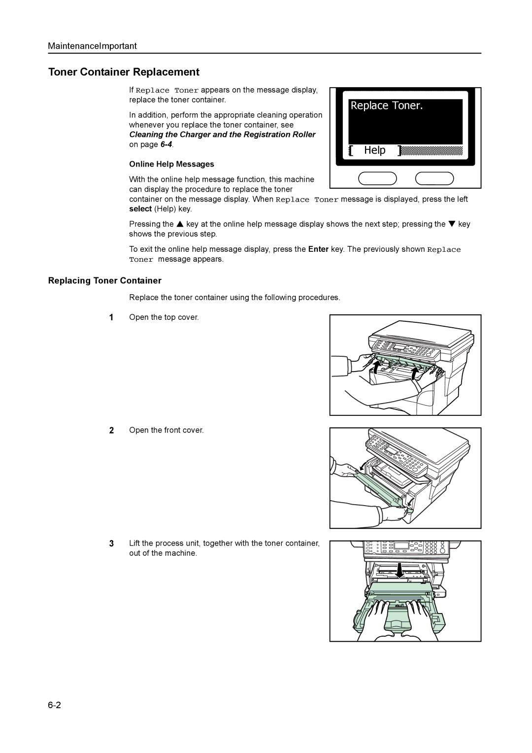 AGFA 1815 Copier manual Toner Container Replacement, Replace Toner, Replacing Toner Container, Online Help Messages 