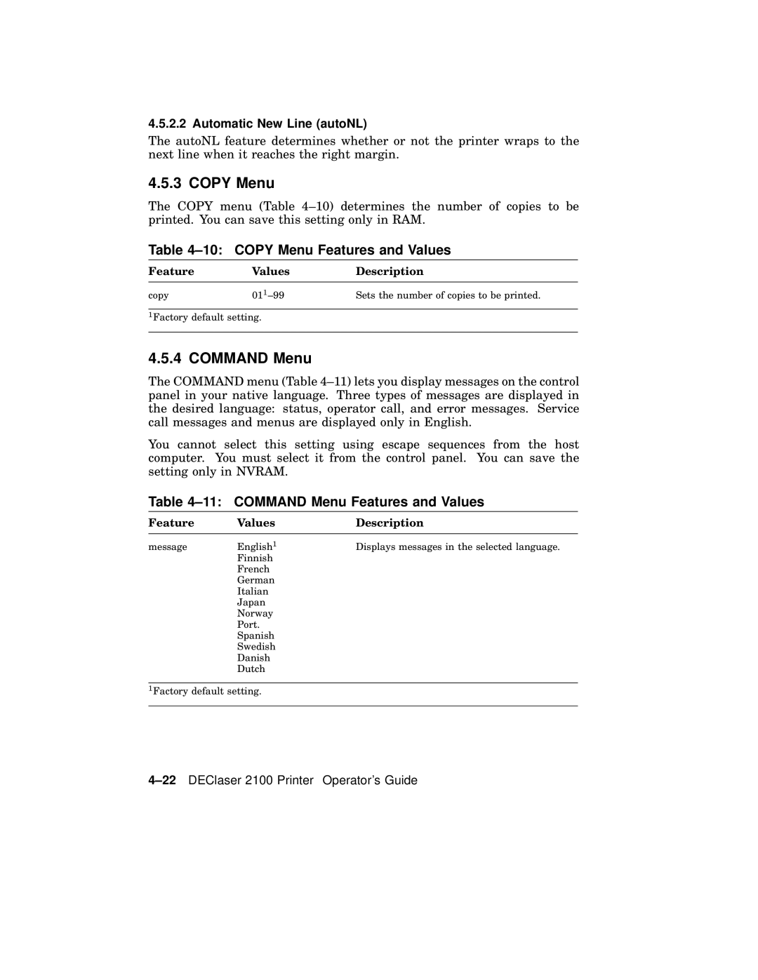 AGFA 2100 manual Copy Menu Features and Values, Command Menu Features and Values, Automatic New Line autoNL 