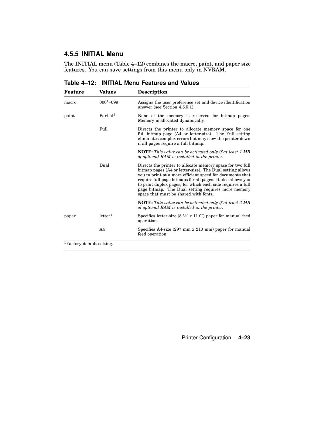 AGFA 2100 manual Initial Menu Features and Values 