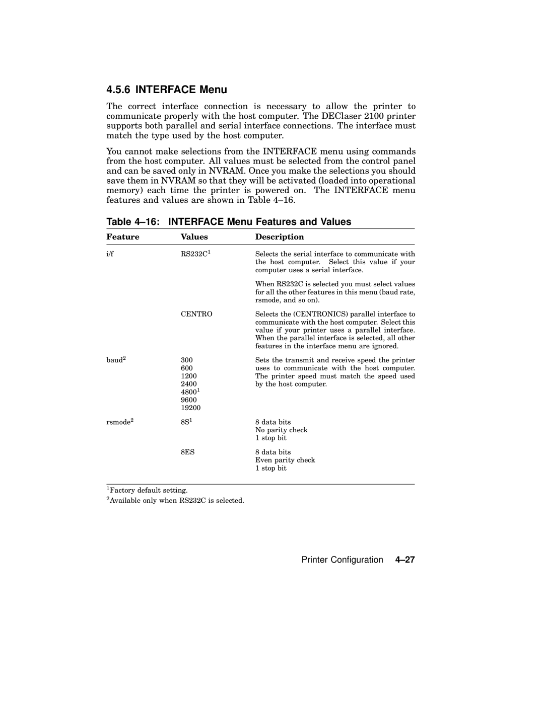 AGFA 2100 manual Interface Menu Features and Values 