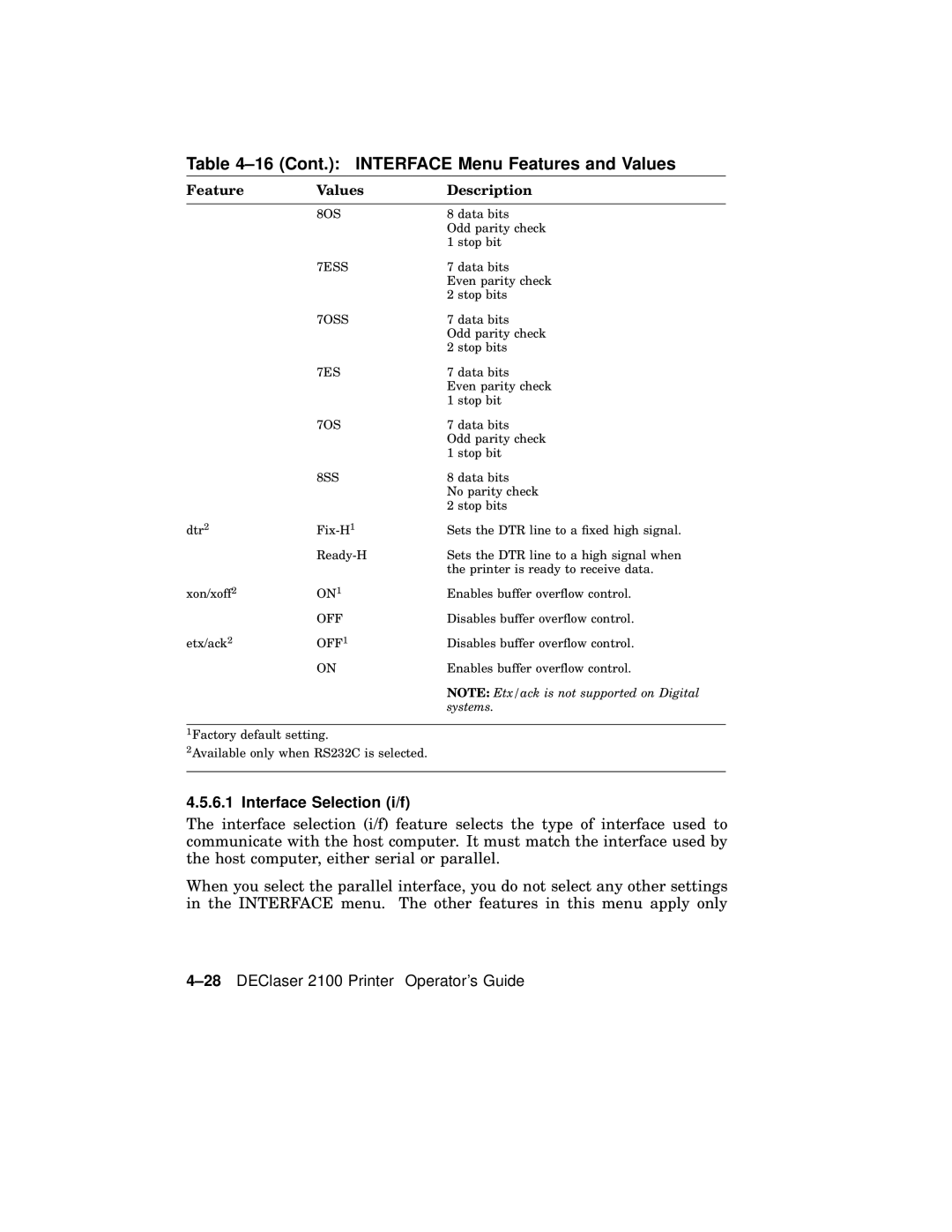 AGFA 2100 manual Cont. Interface Menu Features and Values, Interface Selection i/f 